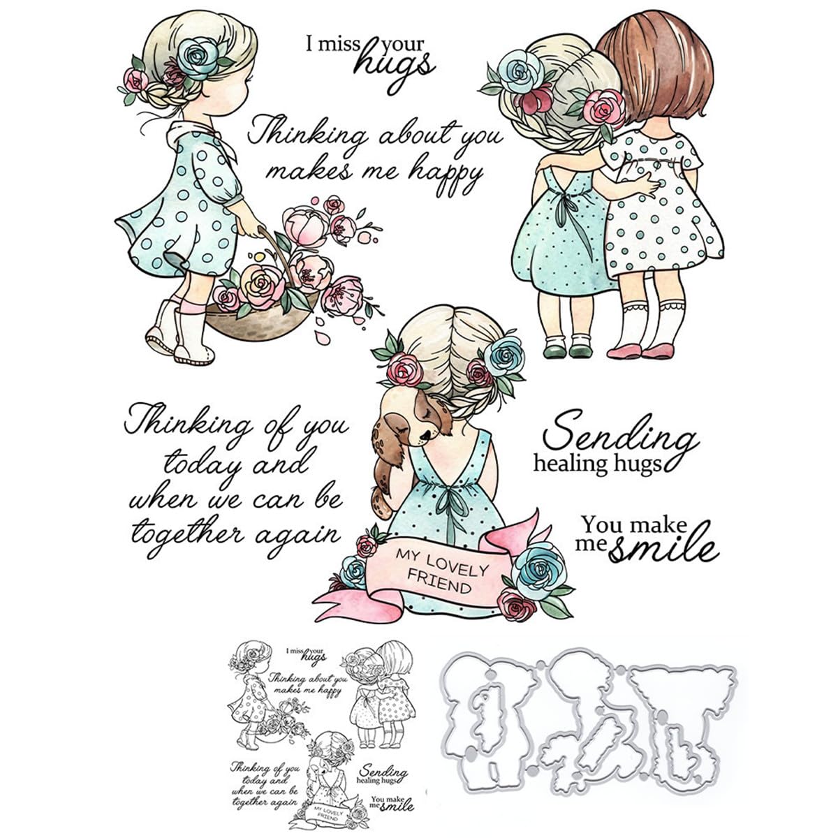 Flower Girl Stamps and Die Cuts for Card Making Good Friend Hug Transparent Silicone Clear Stamp and Metal Cutting Dies Sets for DIY Scrapbooking Paper Crafting Seals Decorative Supplies — image 1
