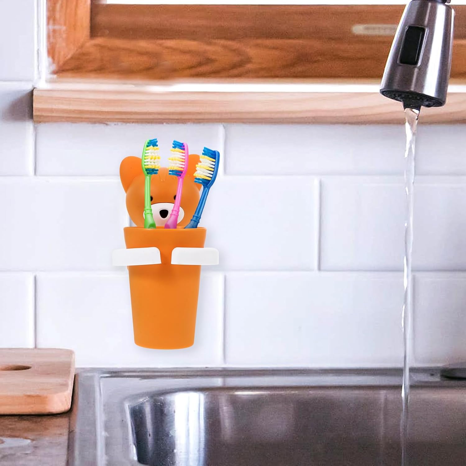 Cartoon Toothbrush Storage Holder with Cup, Wall Mounted 2 Sets PP