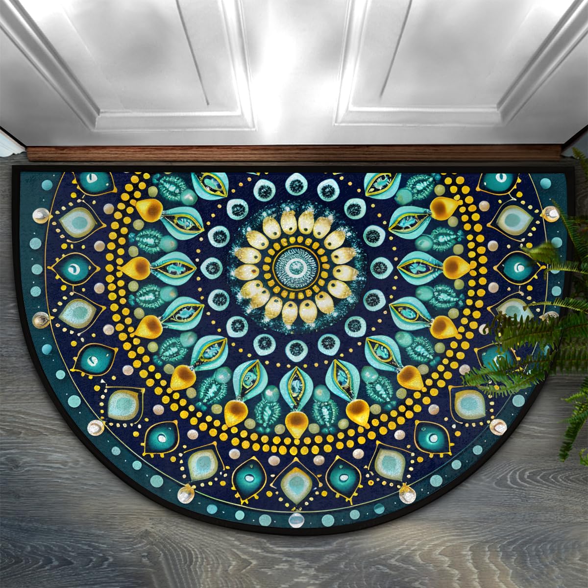 FengQuGou Half Round Doormat Teal Mandala Boho Floral Washable Semi Circle Area Rug Non Slip Absorbent Half Moon Rug for Indoor Outdoor Bathroom