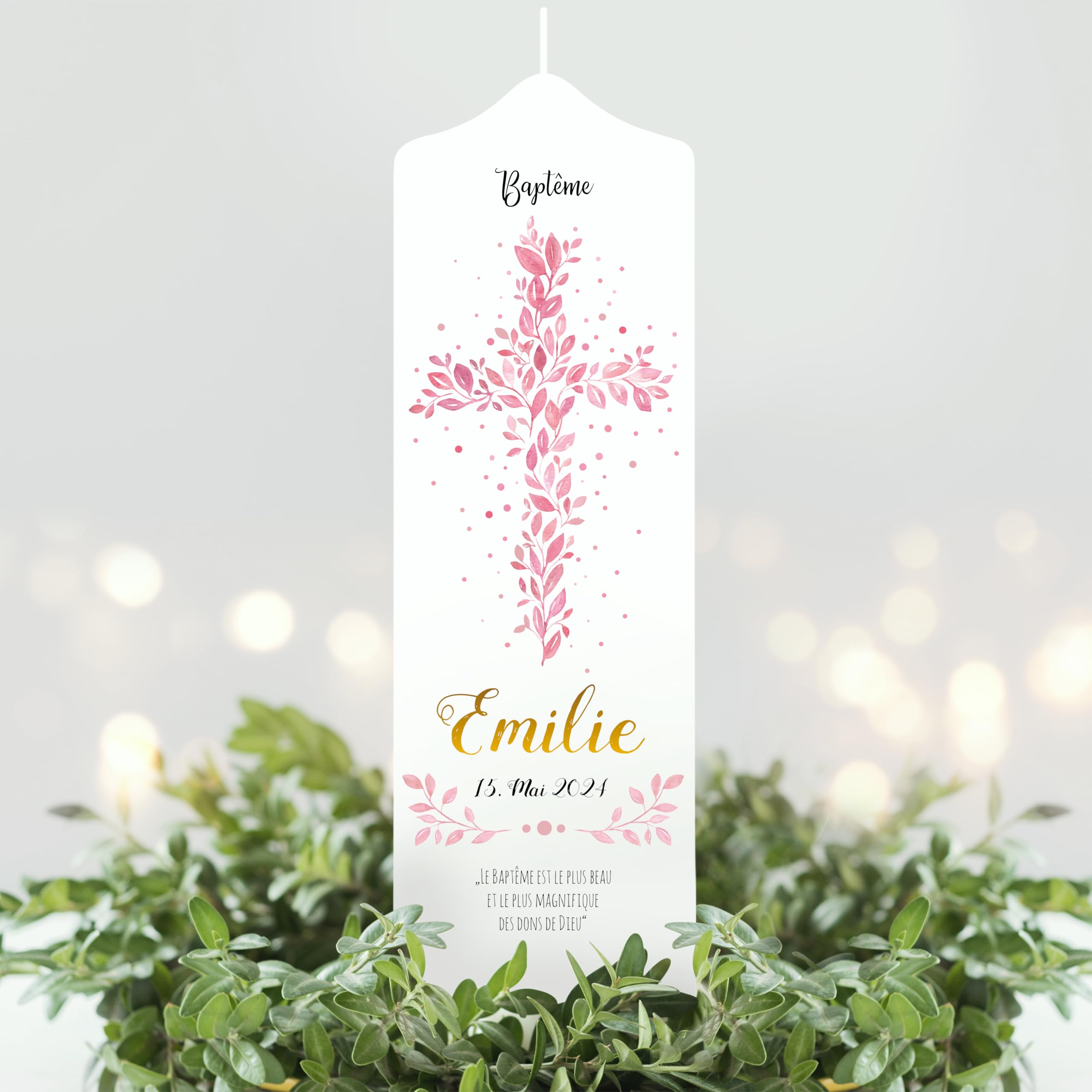 Bougie Baptême personnalisée Fille motif Croix florale rose – Cierge Baptême avec prénom et date – Cierge de parrainage – Bougie imprimée – Cadeau parrain marraine – 18 x 7 cm