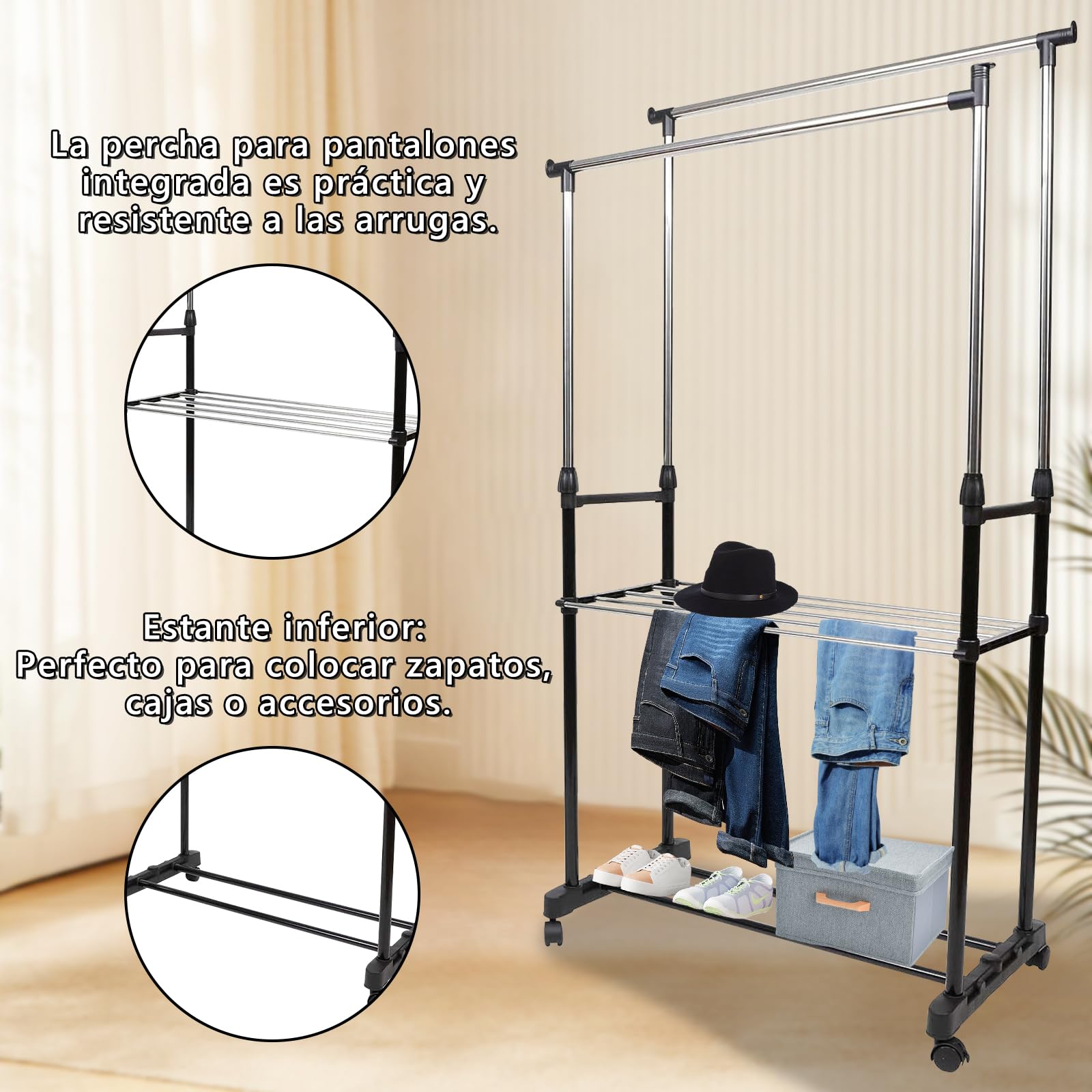 EASY SPEED Perchero de Ropa de Doble Barra con Ruedas, Pantalonero Resistente y Estable Perchero Extensible, Organización para Casa, Hogar, Tiendas, Metálico (80x43x160cm)