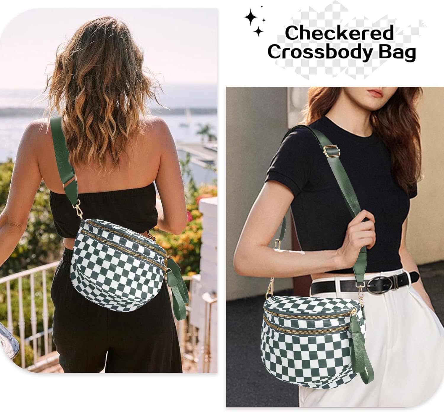 Checkered Bum Bag Crossbody Bag for Women, Spacious Purse Oversized Fanny Packs（Bean Green） - Image 2