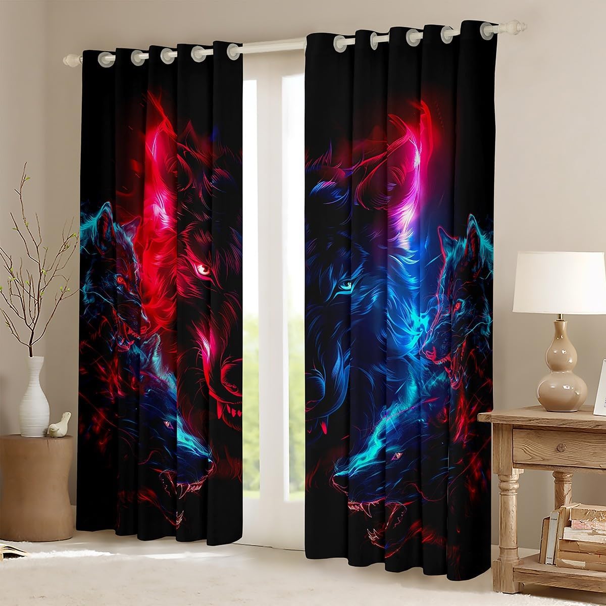 Feelyou Boys Girls Wolf Blackout Curtains Wolves Howling Window Curtains Kids Western Wild Animal Darkening Drapes Fire Teens Window Treatments Bedroom Decor (2 Panels, 42 x 84 Inch)