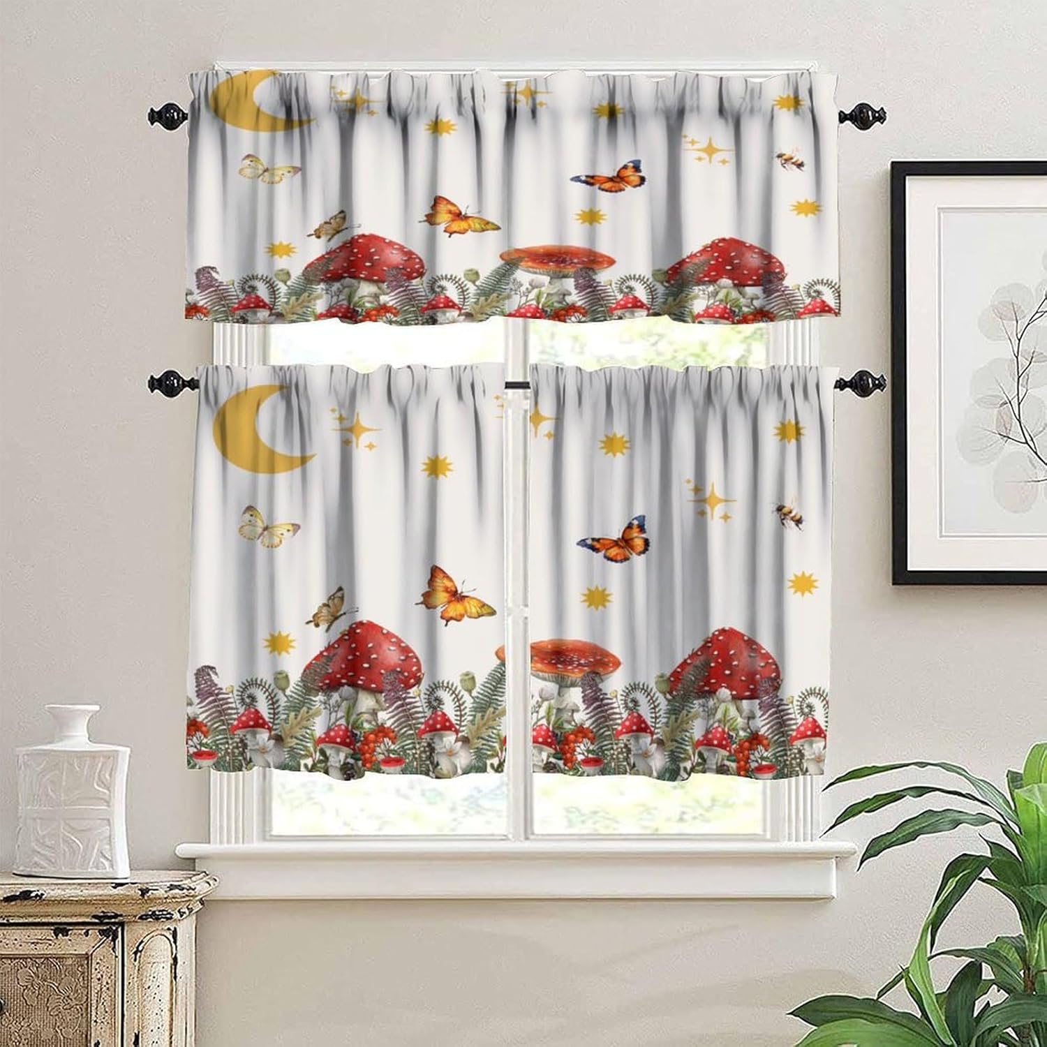 Mushroom Kitchen Curtain,Retro Boho Plant Botanical Colorful Butterfly Print for Bedroom Dining Room Cafe Office Living Room Drapes, 54 x 18 in+ 27 x 36 in*2