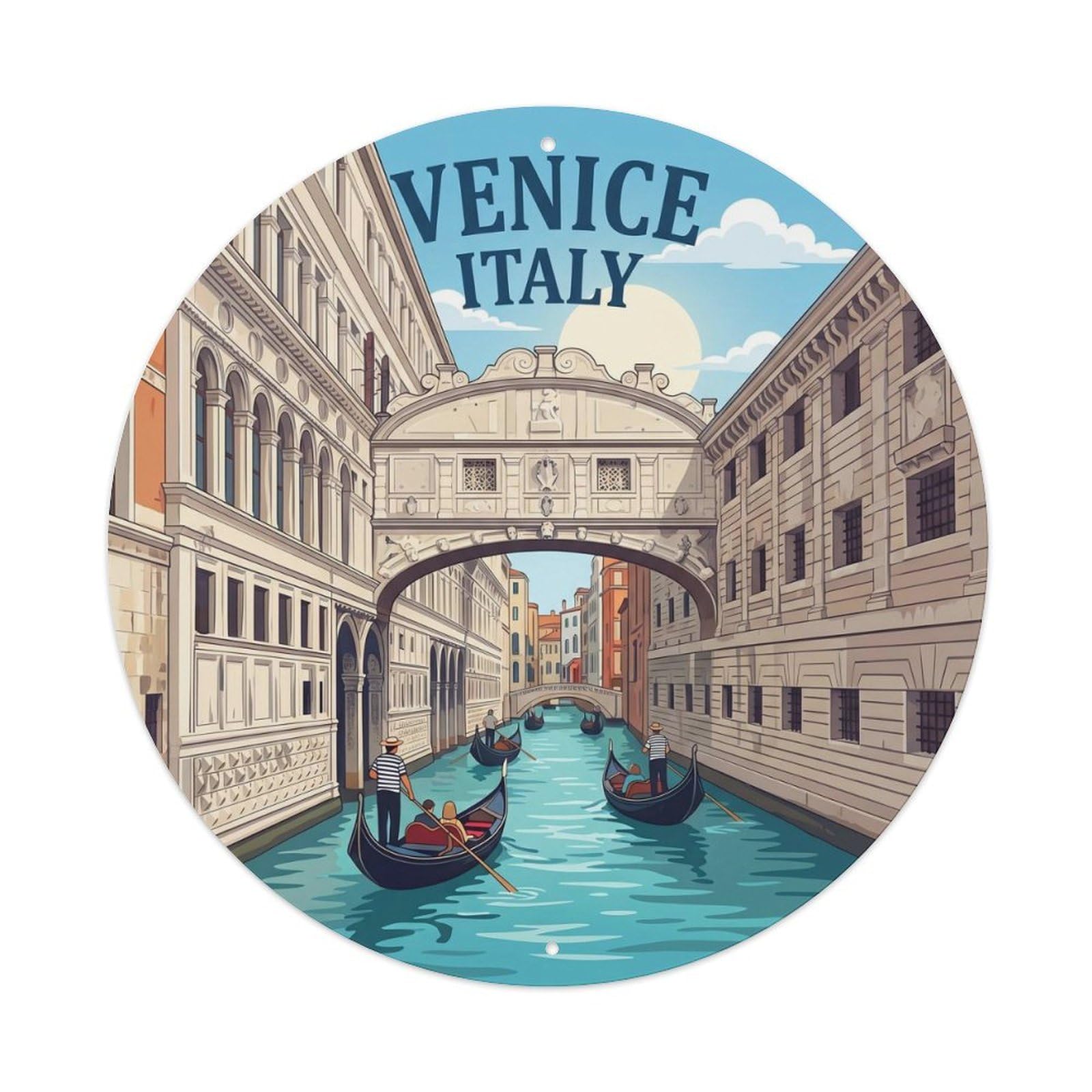 Venezia Canal Bridge Gondola Vintage Italian Heritage Metal Tin Sign Plaque Wall Decor for Cafe, Man Cave, Club Bar, Office, Home Garden Round Metal Poster 8x8Inch