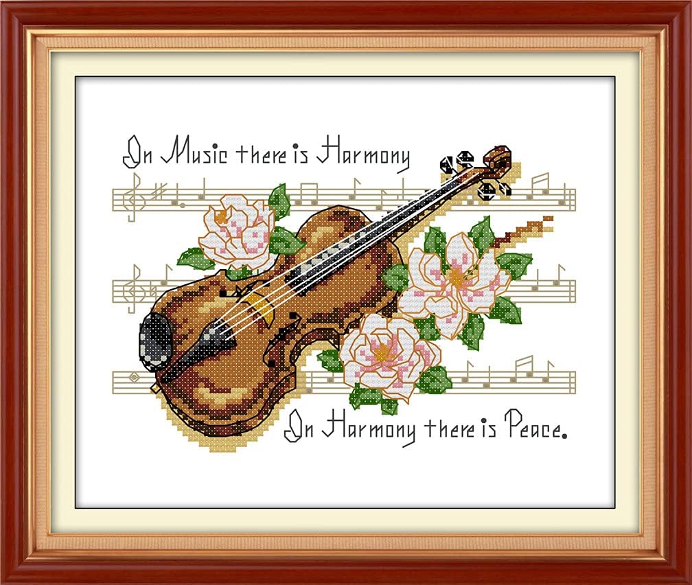 Amiiba Stamped Cross Stitch Kits, Quotes: Music There is Harmony, Harmony There is Peace DIY 11CT 12.5x9.4 inch (Violin)