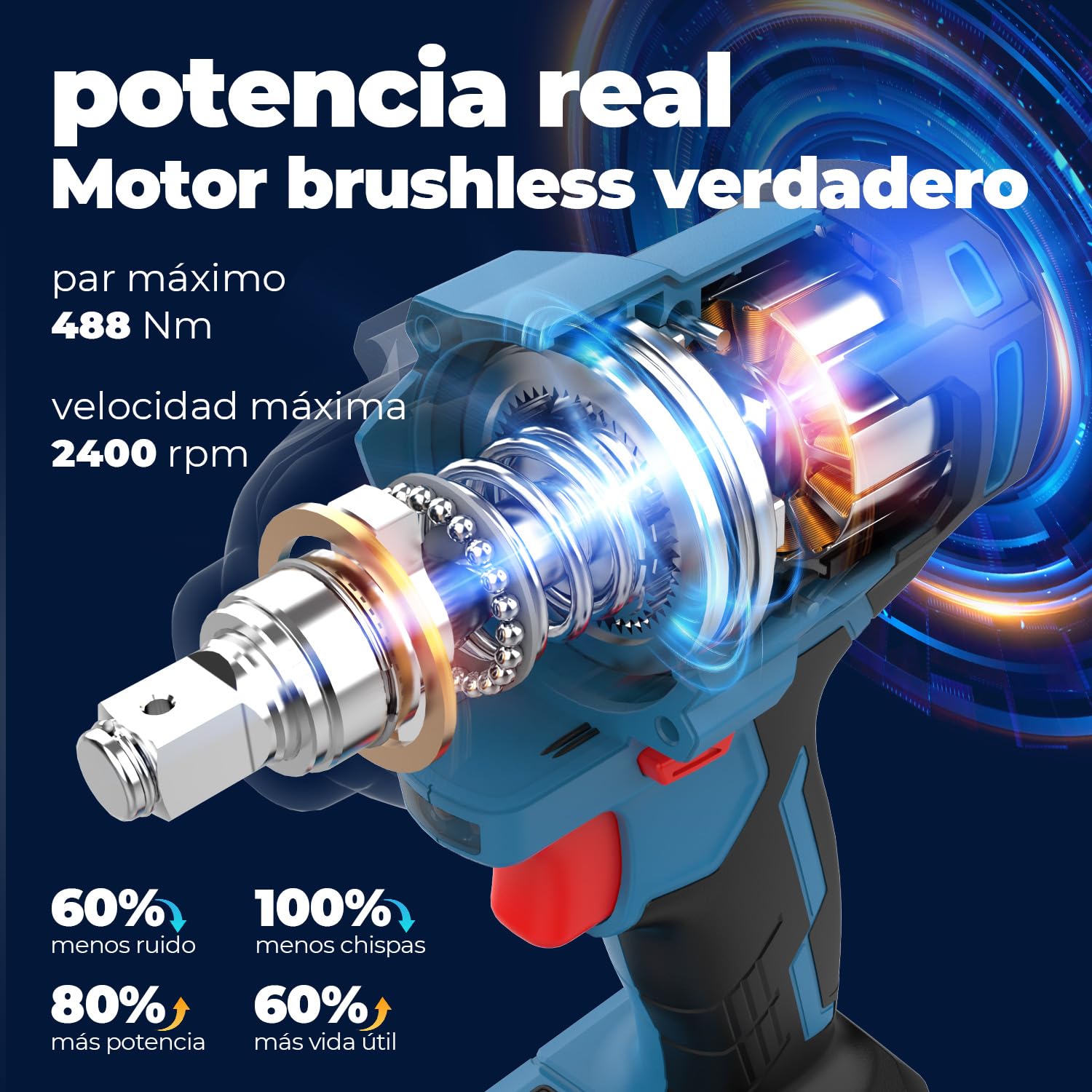 Dong Cheng Llave de Impacto Inalámbrica Brushless 18V con Batería de 4.0Ah, 488N.m alto par, 1/2", transmisión de 3 velocidades, Adecuado para automoción y bricolaje