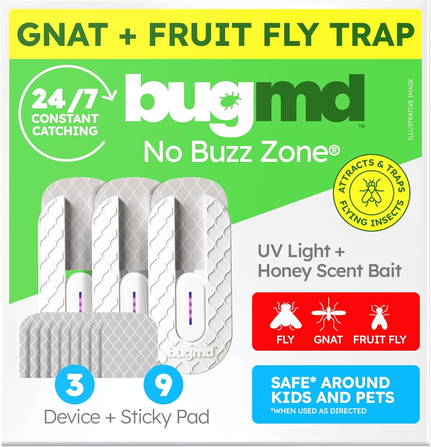 BugMD No Buzz Zone - Flying Insect Trap Catcher Indoor Fly Safer Home Fruit Traps for Gnat Moth Mosquito Bug Light Plug in Killer Refillable Uv Zapper Flea Inside and Indoors 3 Device + 9 Refill