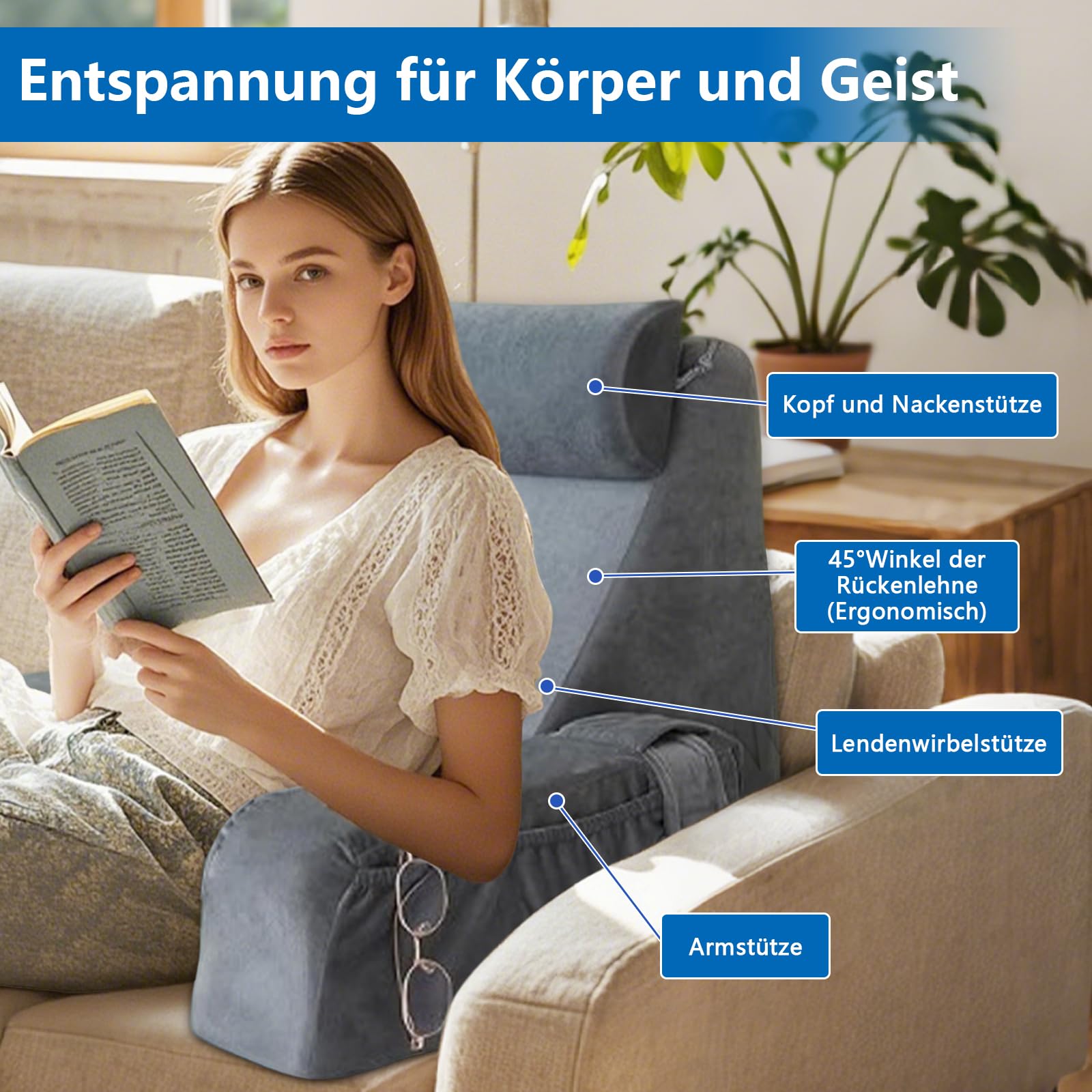 Rückenkissen, Lesekissen für Bett und Sofa mit abnehmbaren Armlehnen und Kopfkiseen, Rückenlehne für Erwachsene, Keilkissen mit Waschbarem Bezug, Rückenstützkissen zum Lesen/Spielen/Fernsehen