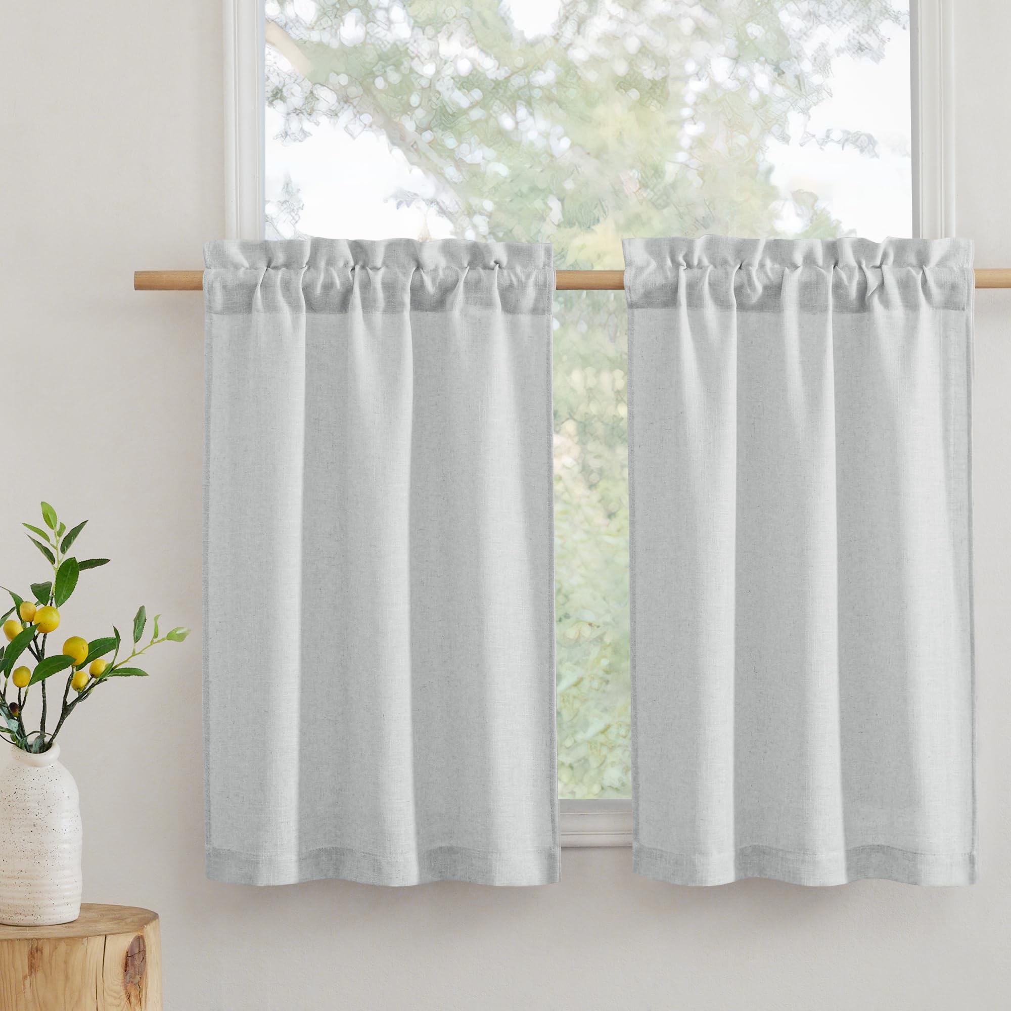 RYB HOME Cafe Curtains 24 inches Length, Linen Sheer Short Curtains for Small Window, Half Privacy Light Filetring Window Tier Valance for Kitchen Bathroom, W 26 x L 24, Dove Grey, 2 Panels Set