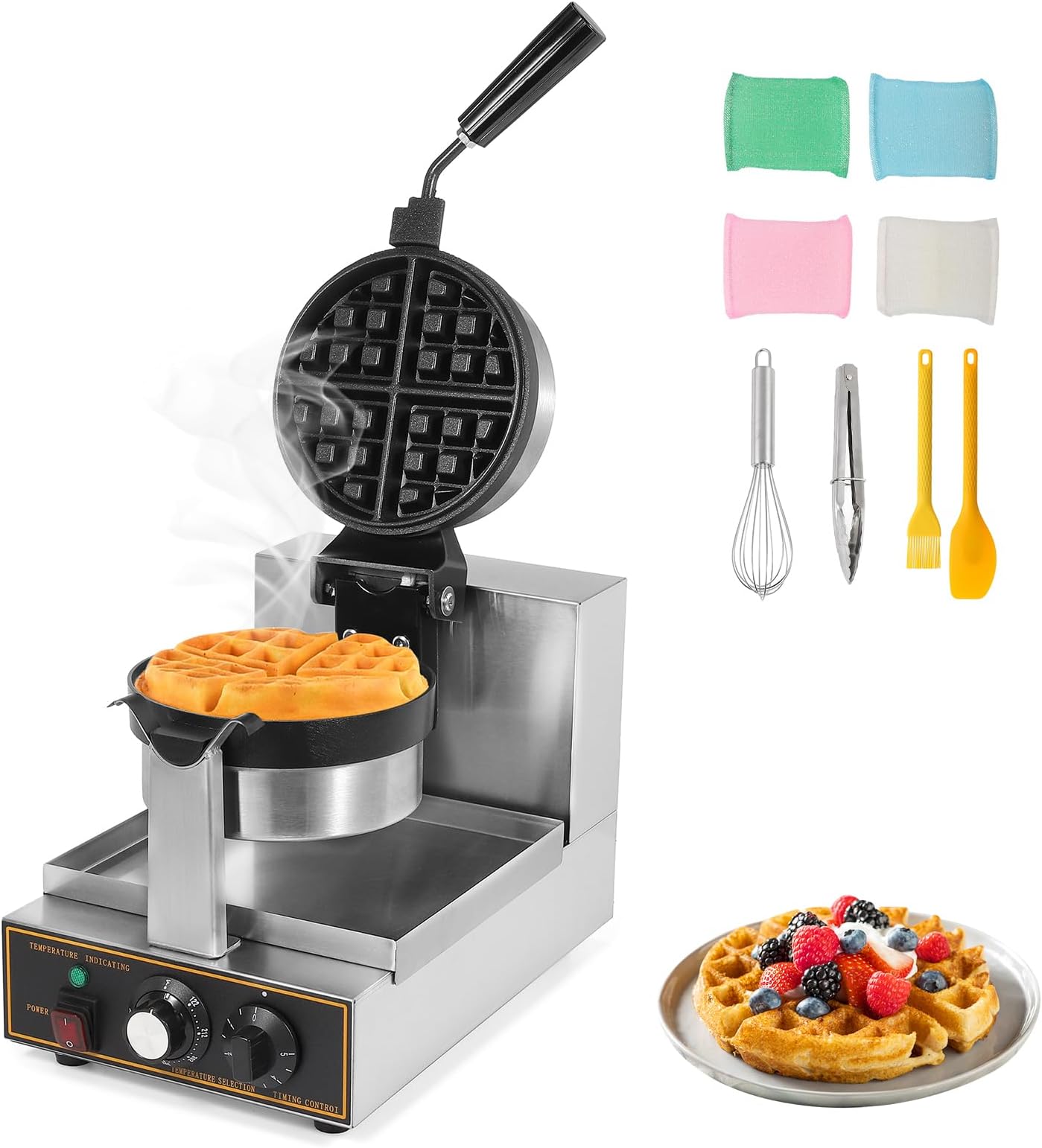 WICHEMI Commercial Belgian Waffle Maker 360° Flip Nonstick Rotating Waffle Iron Time Control Temperature Adjustable Stainless Steel Body 110V 1200W