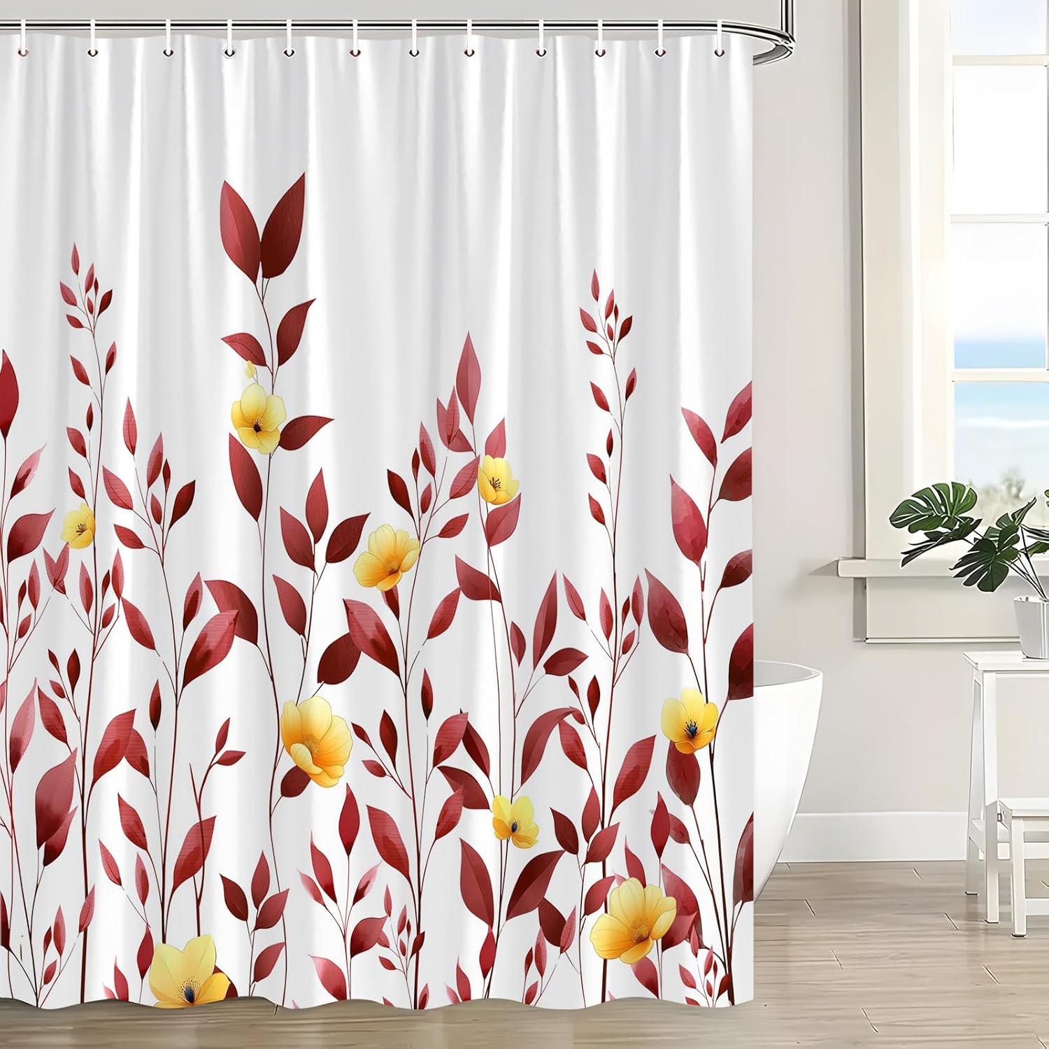 Blue Yellow Flower Leaf Shower Curtain Spring Watercolor Leaves Floral Eucalyptus Art Nature Rustic Plant Botanical Fabric Bathroom Curtain with Hook
