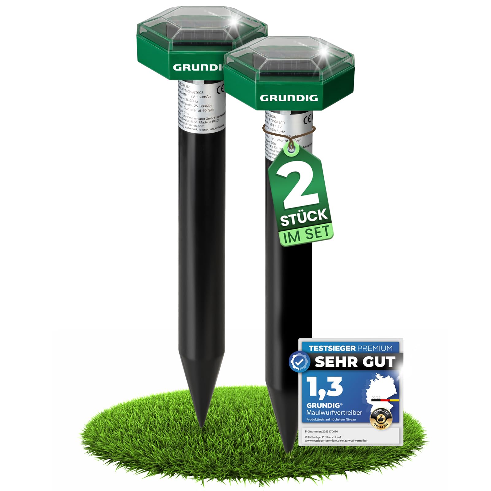GRUNDIG Maulwurf Vertreiber Wühlmausschreck 2erPack - SCHNELLE Ergebnisse mit extremen Wirkradius I Wühlmaus, Maulwurf vertreiben - Solar Maulwurfschreck Maulwurfvertreiber (2 Stück (1Set))