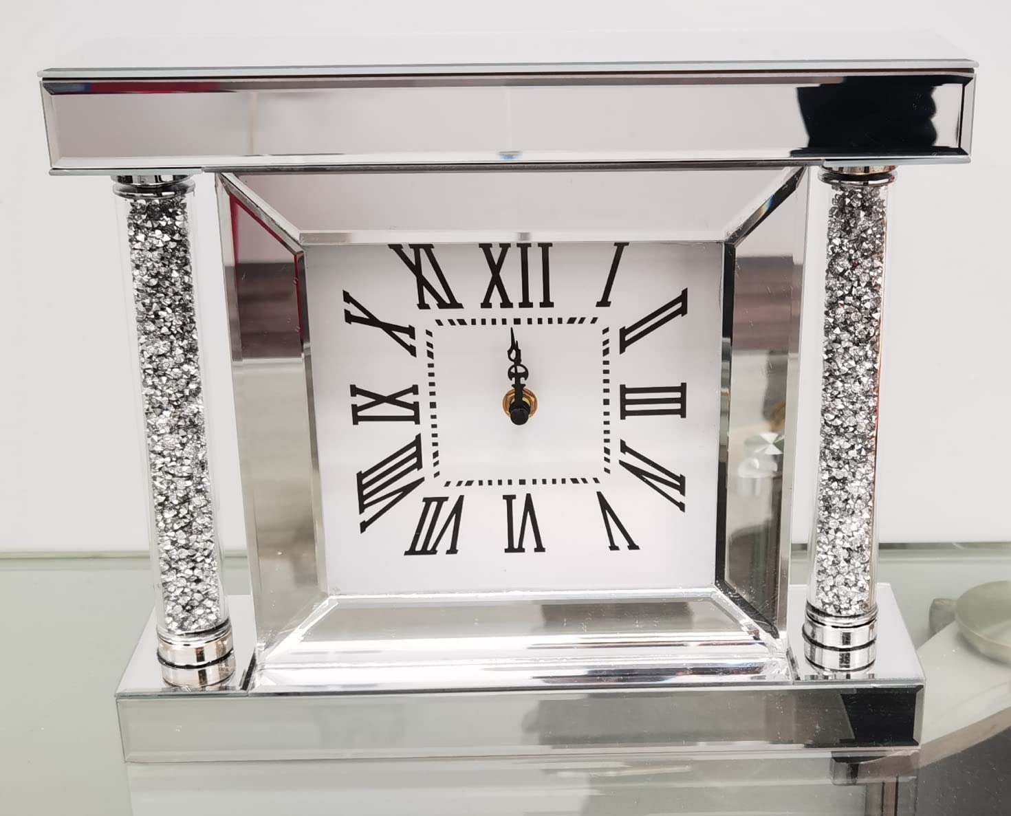 DEENZ Crushed Jewel Mirror Wall Clock Roman Numbers Pillars Diamante Mirror Glass Clock H 27 X W 32 X D 8Cm