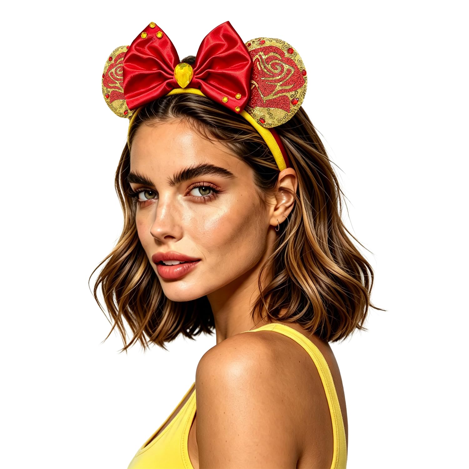 Belle Sequin Rose Headband with Princess Ears Bows for Women and Adults
