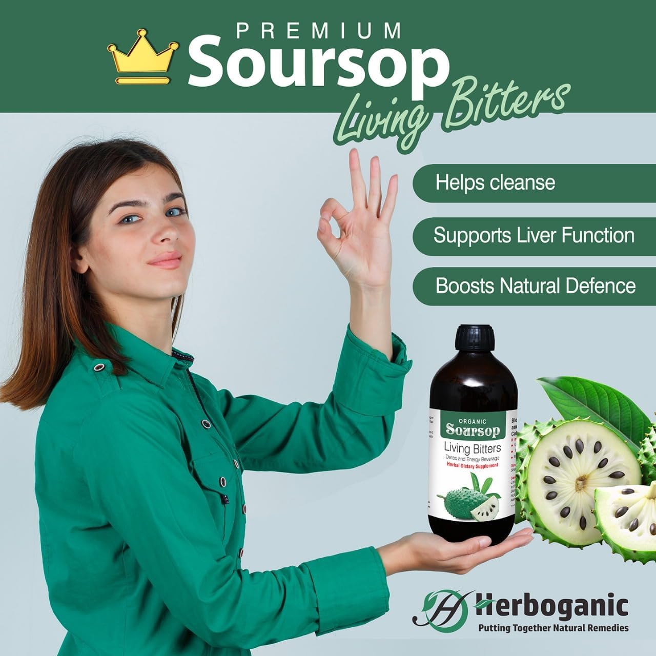 HERBOGANIC Premium Herbal Soursop Bitters Liquid – 16oz Pack of 2 | Organic Herbal Living Bitters with Soursop | Natural Detox, Digestive & Immune Support