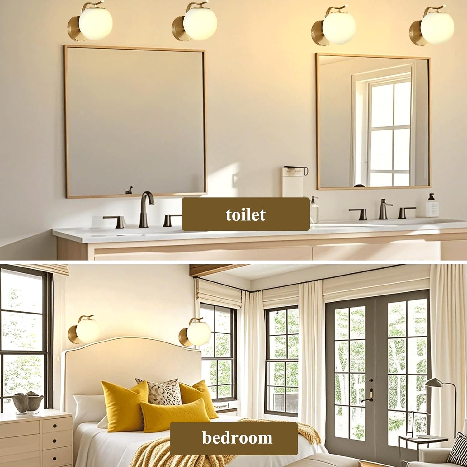 NanFeng Mid Century Modern Wall Sconce,Gold Vanity Wall Lamp with White Globe Frosted Milky Glass Lampshade,Art Deco Small Wall Mount Apple Light Fixture for Living Room Bedroom Hallway Bathroom-E26