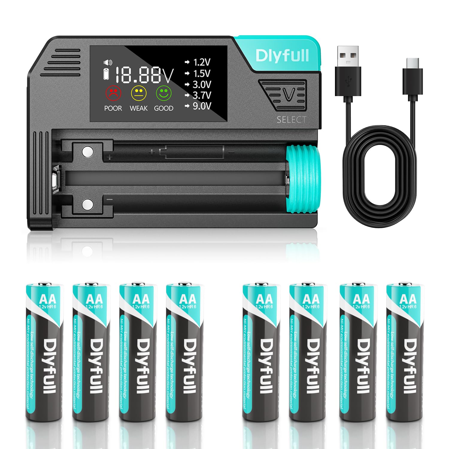 Dlypow DB1 Universal Battery Tester and 2800mAh True High Capacity AA Rechargeable Batteries with Low Self Discharge, Precharged (8 Pack)