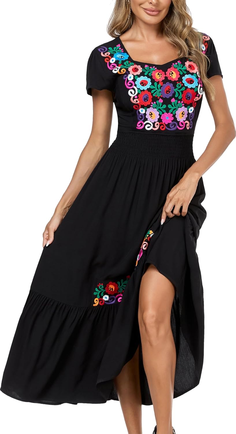 Women's Summer Maxi Dress Casual Floral Embroidered Round Neck Short Sleeve Ruffle Tiered Dress Flowy Boho Beach Sundress - Image 2