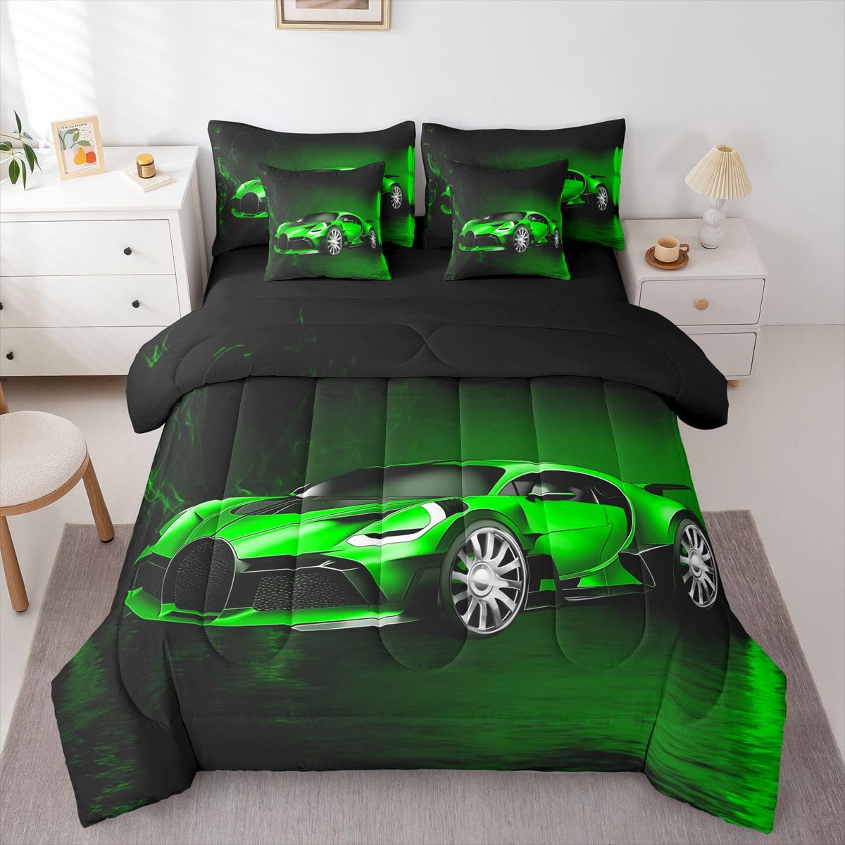 Feelyou Sports Car 7 Piece Bedding Set Green Race Car Comforter Set with Sheets for Kids Boys Girls Extreme Sports Theme Bed in a Bag Cool Speed