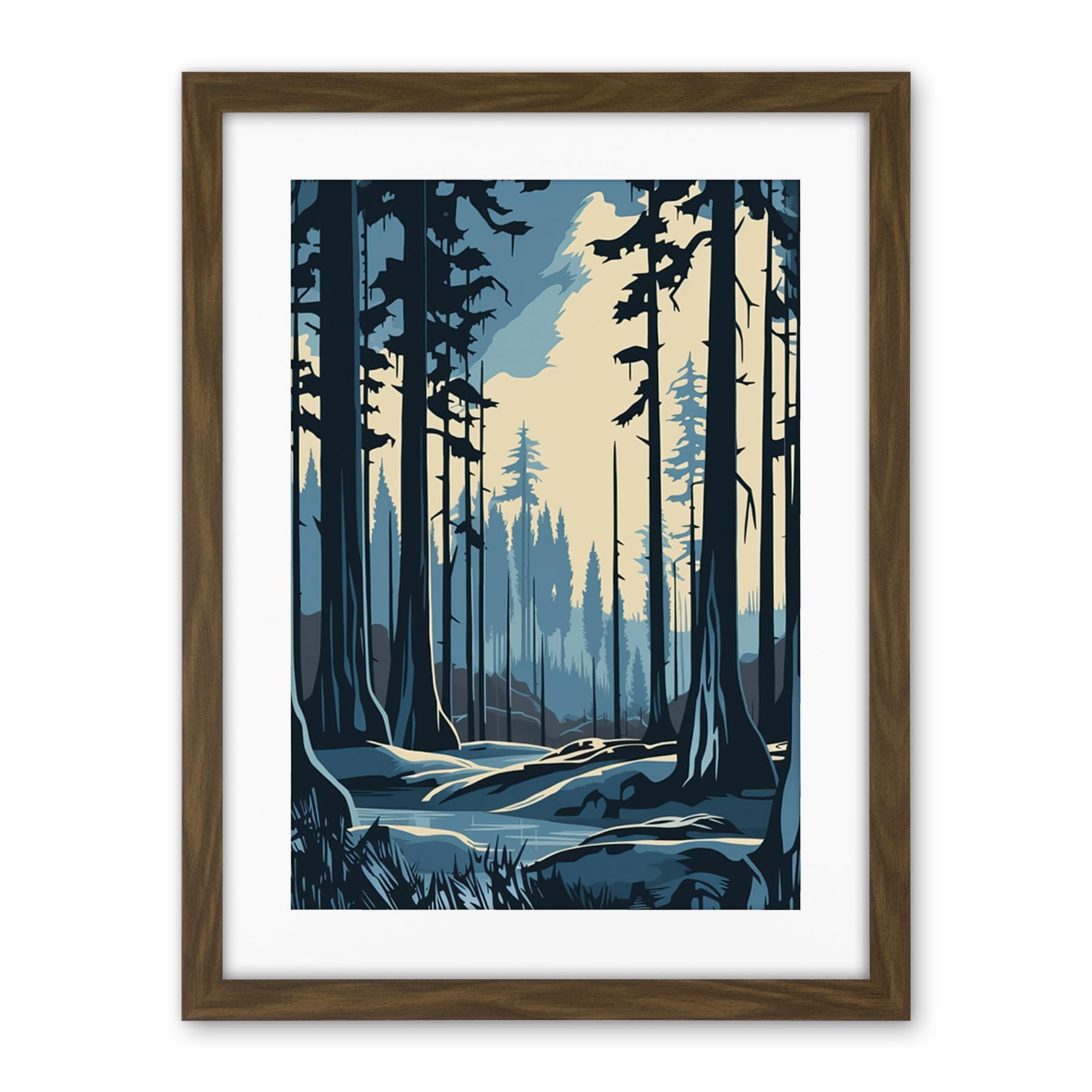Artery8 Taiga Boreal Forest Winter Landscape Illustration Artwork Framed Wall Art Print 18X24 Inch