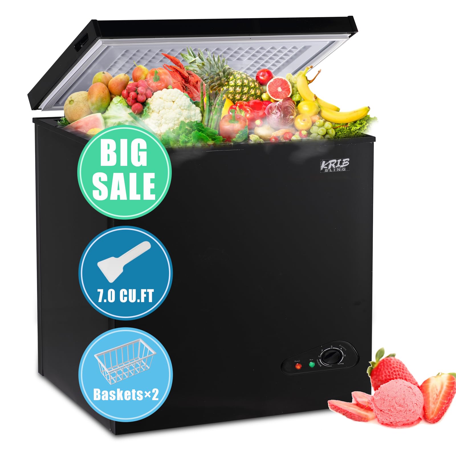 Chest Freezer with Freezer Basket, 7.0 Cu. Ft Mini Freezer 7 Temperature Levels Thermostat, Top Door Open, Ideal for Home, Kitchen & Office, Black | Fridge.com