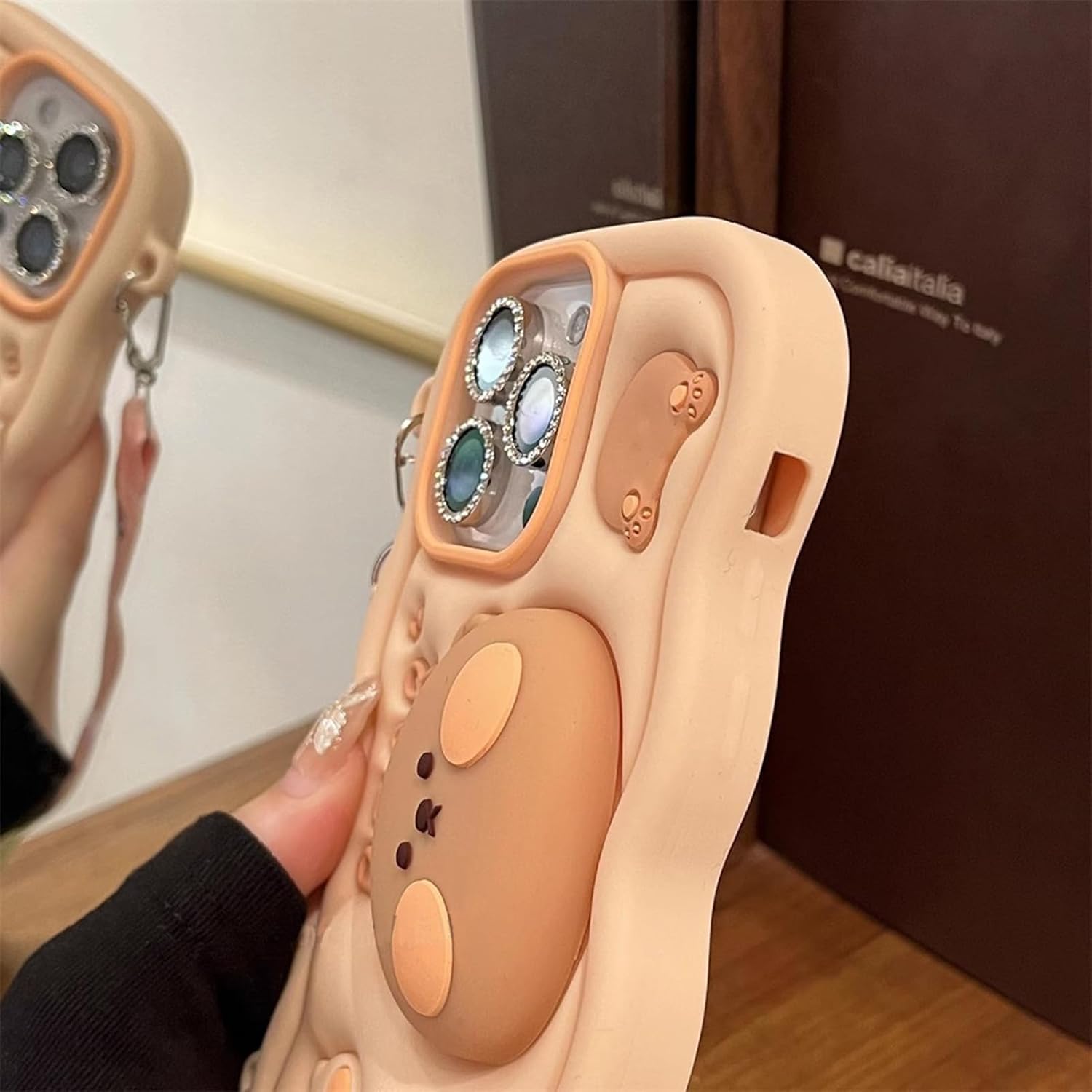 for iPhone 16 Pro Max Case 3D Cute Cookie Bear Silicone Cover with 3D Bear Stand and Kawaii Shoulder Strap Kids Girls Soft Funny Shockproof TPU Case for iPhone 16 Pro Max 6.9''(Brown) - Image 5