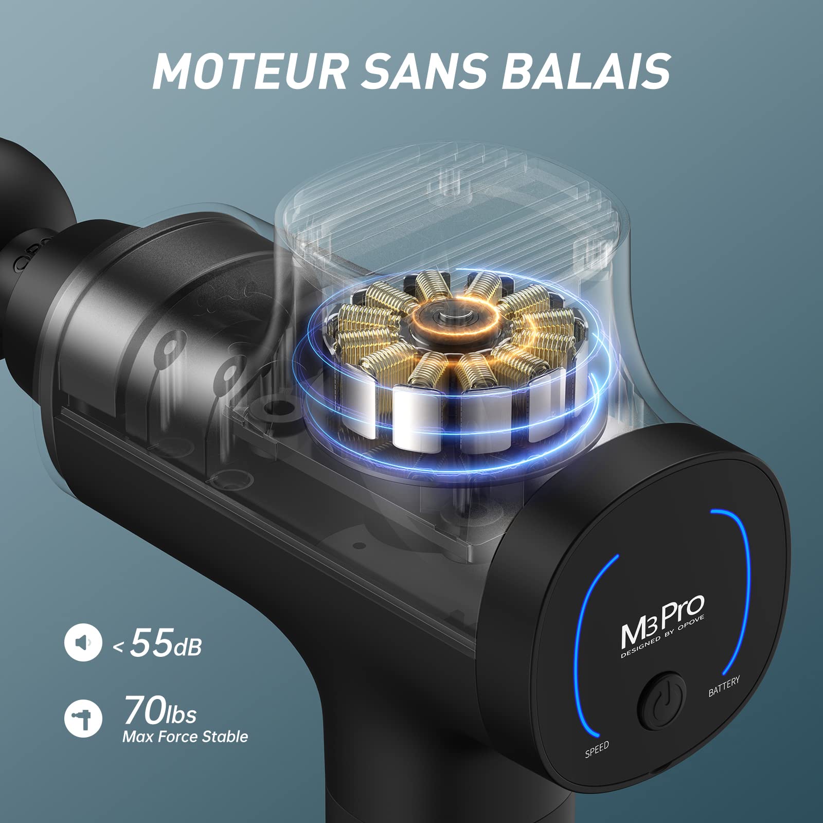 OPOVE Pistolet de massage Masseur musculaire Percussion des tissus profonds Masseur corporel électrique portabl de sport super silencieux pour la relaxation musculaire profonde, opove M3 Pro Noir
