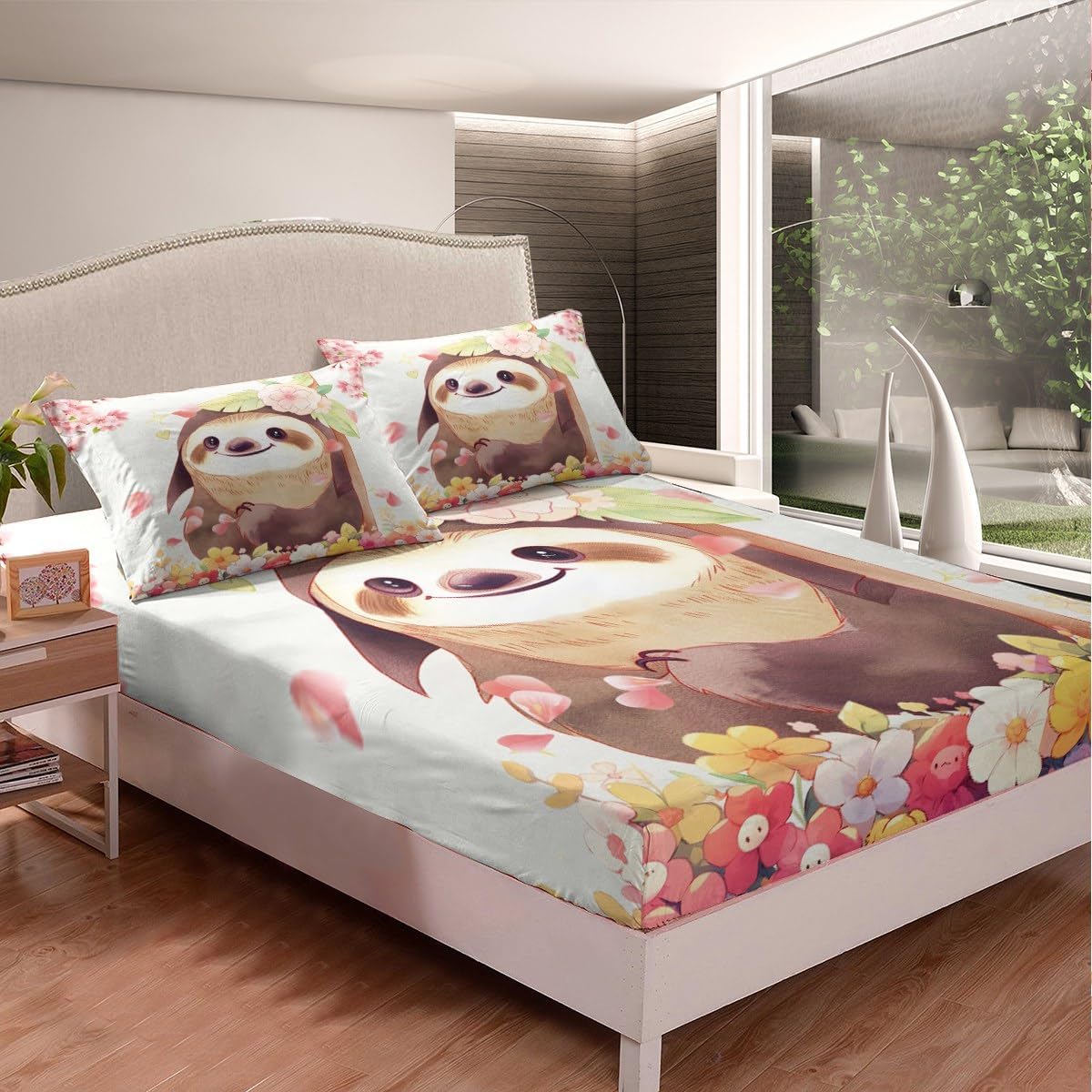 Cute Sloth Full Size Bedding Set,Cartoon Sloth with Pink Floral Decor Bed Sheets Tropical Animal Jungle Wildlife Fitted Sheet Botanical Blossoms Flowers Sheets with 2 Pillowcases