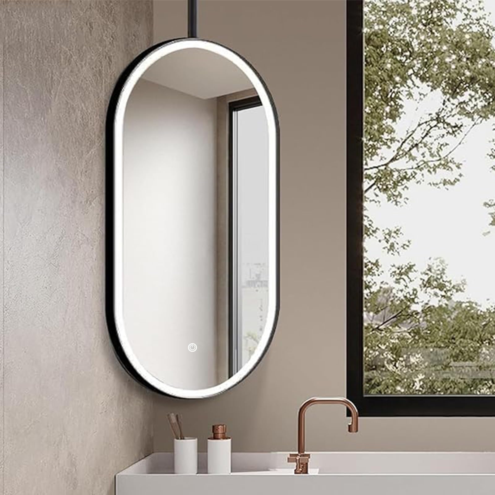 MESOVFCA Dimmable Lighted Hanging Vanity Mirror, Modern Black Oval LED Mirror, Ceiling Mounted Hanging Rod Mirrors for Bedroom Over Sink(50cmx100cm)