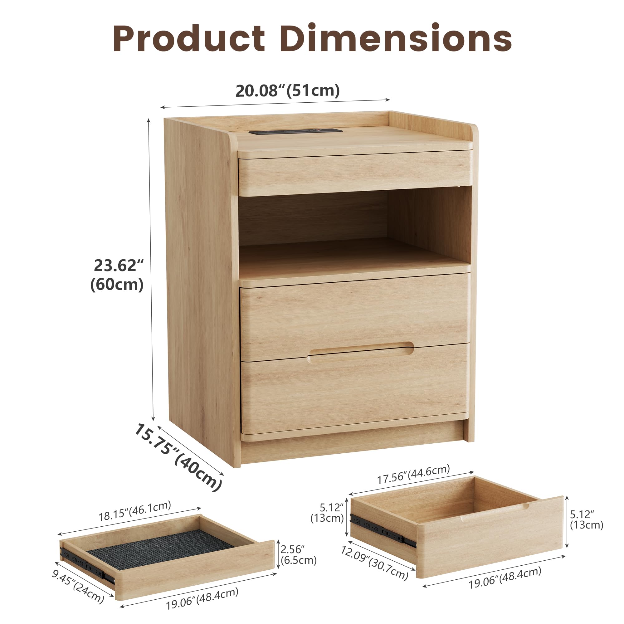 Vlsrka LED Comodino con Stazione di Ricarica, Cassetto Nascosto (Legno, LED)
