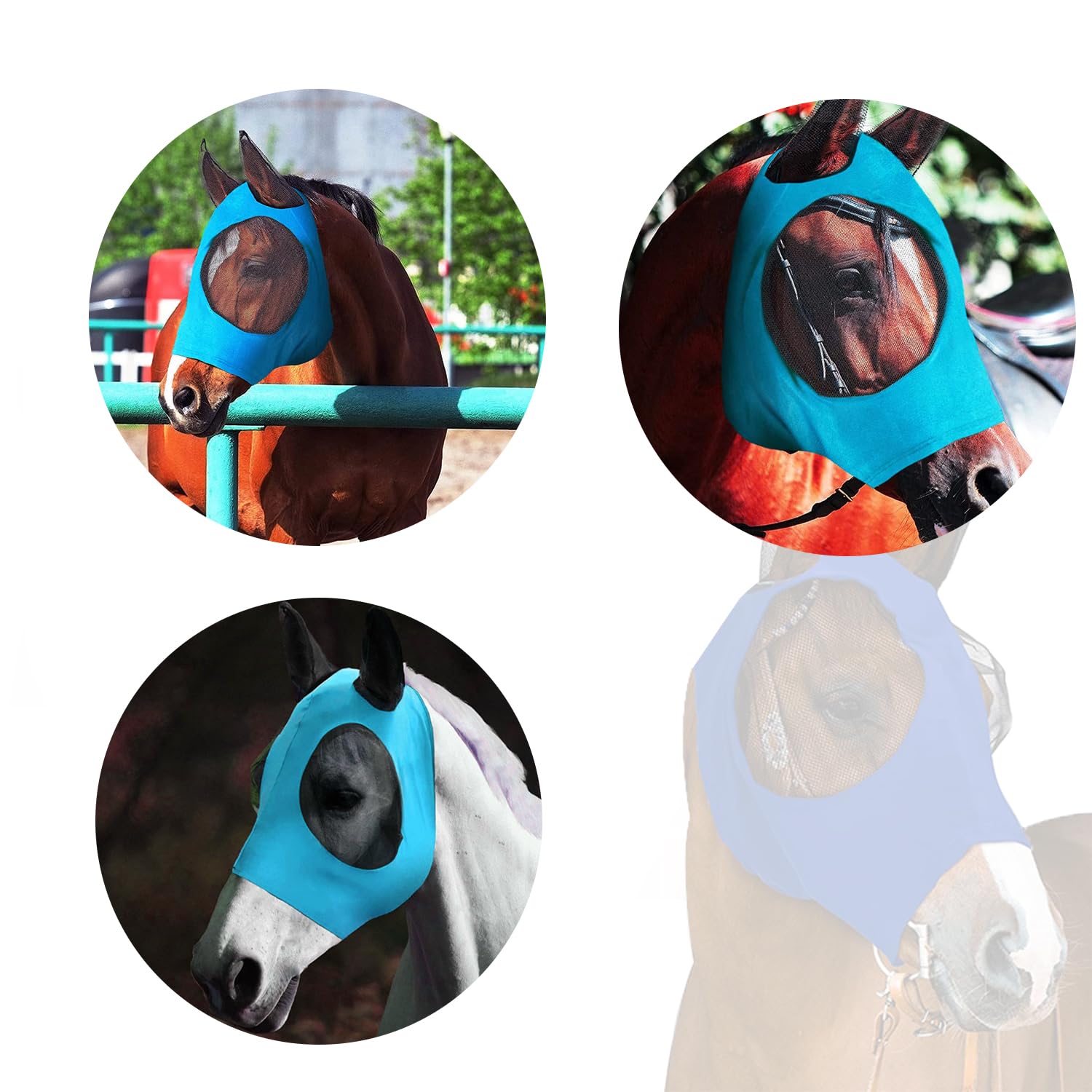 Máscara para Moscas de Caballos, Antimoscas con Cubiertas para los Oídos, Anti-UV, Reutilizable (Azul)