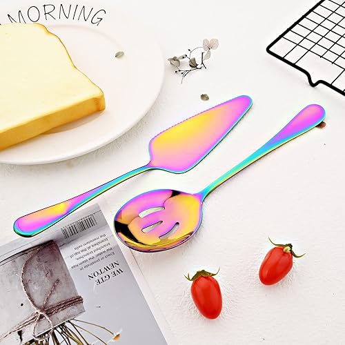 Miniatura 5 de Juego de cubiertos de acero inoxidable para anfitriona, 5 piezas, utensilios de servir arcoíris, incluye servidor de pasteles, cuchara de servir