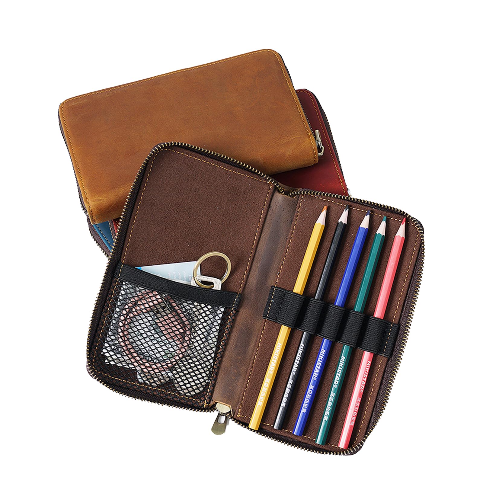 Genuine Leather 5-Slot Pencil Case, Portable Travel Pen Organizer