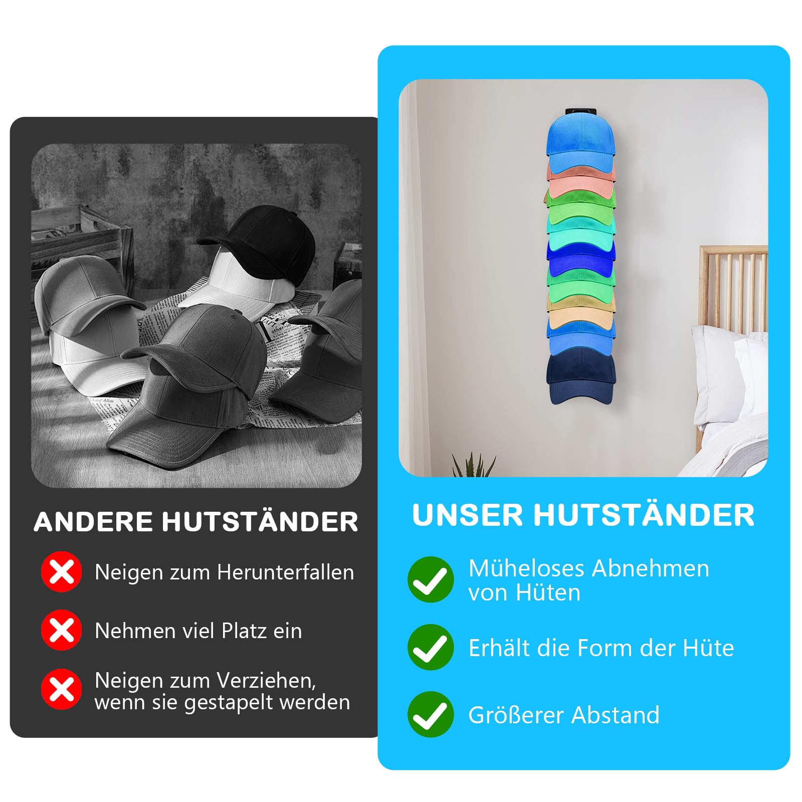 2 Stück Cap Halter für Baseballkappen,Cap Halterung Wand Hält bis zu 40 Hüte, Hutständer Kappen Aufbewahrung und Display für Tür Schrank Schlafzimmer