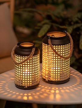 NUPTIO Metal Faux Rattan Candle Lanterns, Set of 2 | Woven Metal Design for Real Candles, Rope Handles, Can Be Hung, for Porch, Patio, Outdoor Table Candle Holder Decor