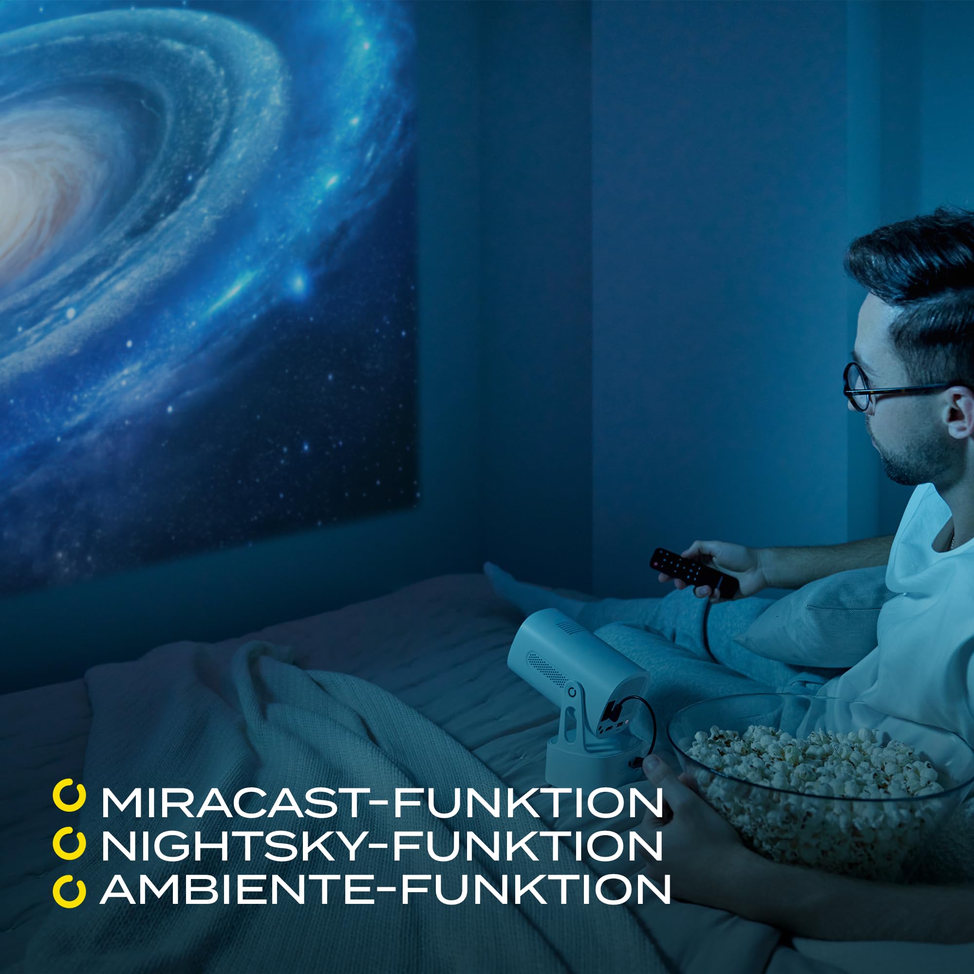 OVERMAX MULTIPIC EZ Mini Projektor 4K FullHD, 120 Min. Akkulaufzeit 5000mAh, Trapezkorrektur, Bild bis zu 200", Wi-Fi, Bluetooth, 2000 Lumen 120 ANSI, Nightsky & Ambiente, Fernbedienung, Android