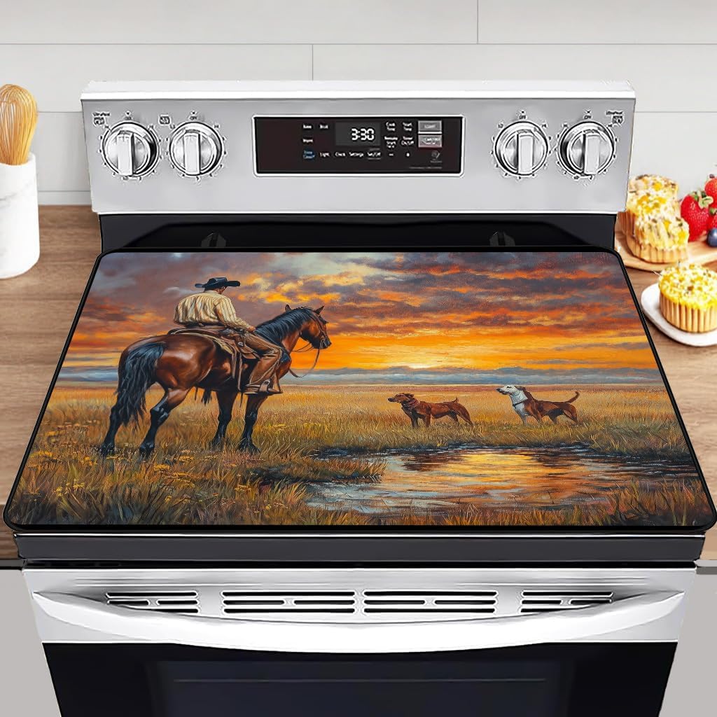 Multi-Design Silicone Stove Cover for Glass/Electric Stoves - Western Cowboy Design Heat-Resistant Protector Mat,Rustic Southwest Stove Top Covers for Gas Burners,Non-Slip Drying Rack28 x20