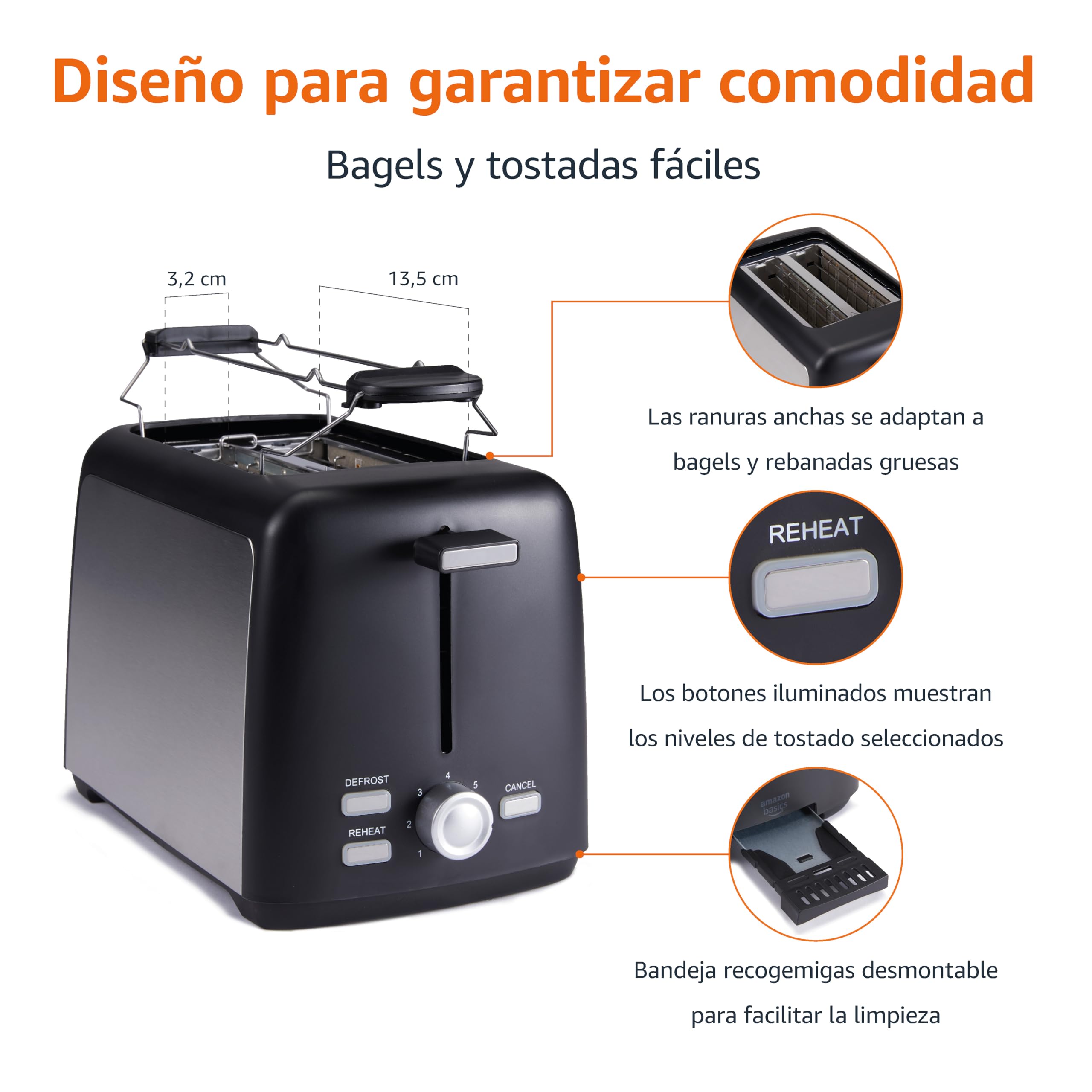 Amazon Basics Tostadora 2 Rebanadas con 7 Niveles de Tostado y Bandeja para Migas Extraíble, Ranuras Extra Anchas, 800W, Negro