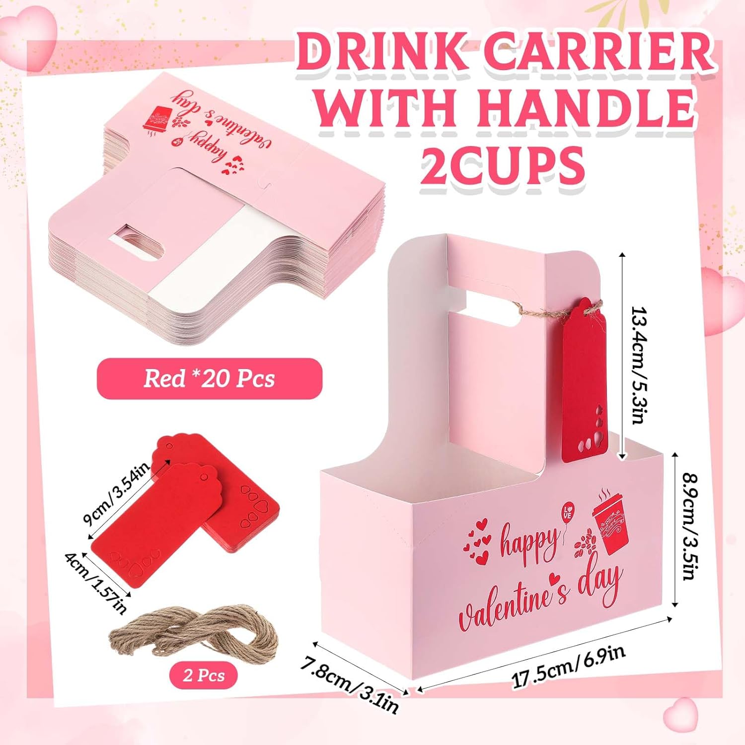 30 Set 2/4 Cups Drink Carrier with Handle, 12-30 oz Kraft Paperboard Coffee Cup Holder for Cold Hot Drinks, Takeout Beverage Delivery for Valentine(Valentine Style,7 x 3 x 9 Inch,Pink) - Image 2