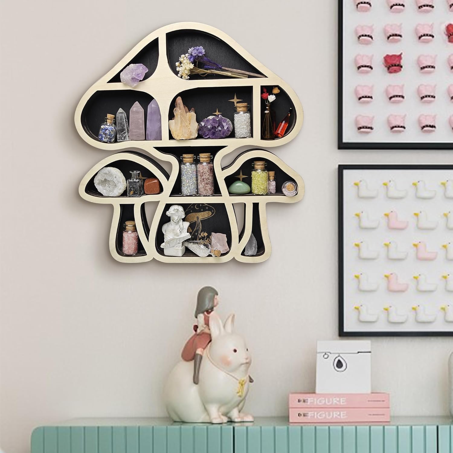 Mushroom Decor Floating Shelves, Crystal Display Shelf for Wall, Cute Whimsy Mushroom Wall Decor, Rock Gem Stone Organizer, Essential Oil Holder Hanging Case, Meditation Art Spiritual Gift