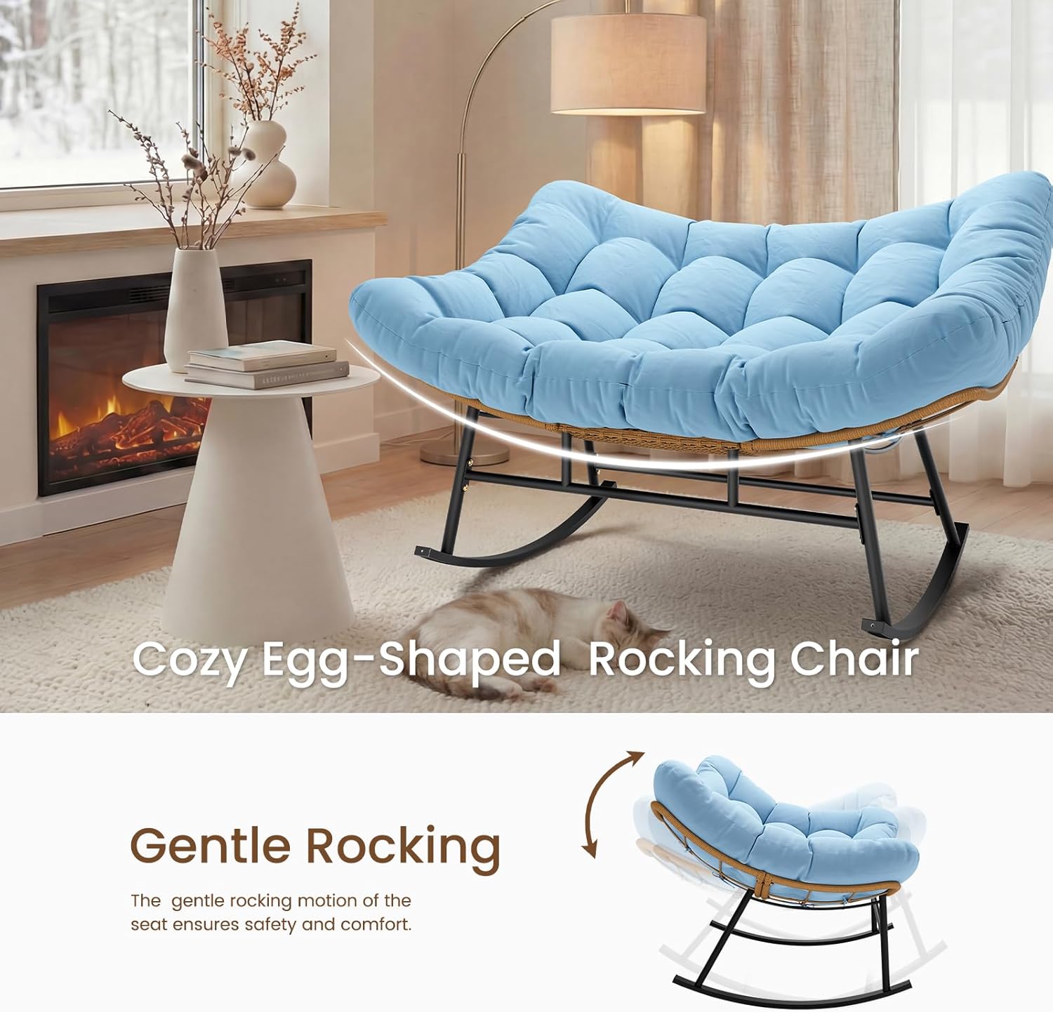 Sikaic Oversized Double Outdoor Papasan Rocking Chair, Egg Rocker with High Back Water Resistant Cushion, Rustproof & UV Resistant PE Wicker Patio Chair for Porch, Garden, Living Room, Sky Blue