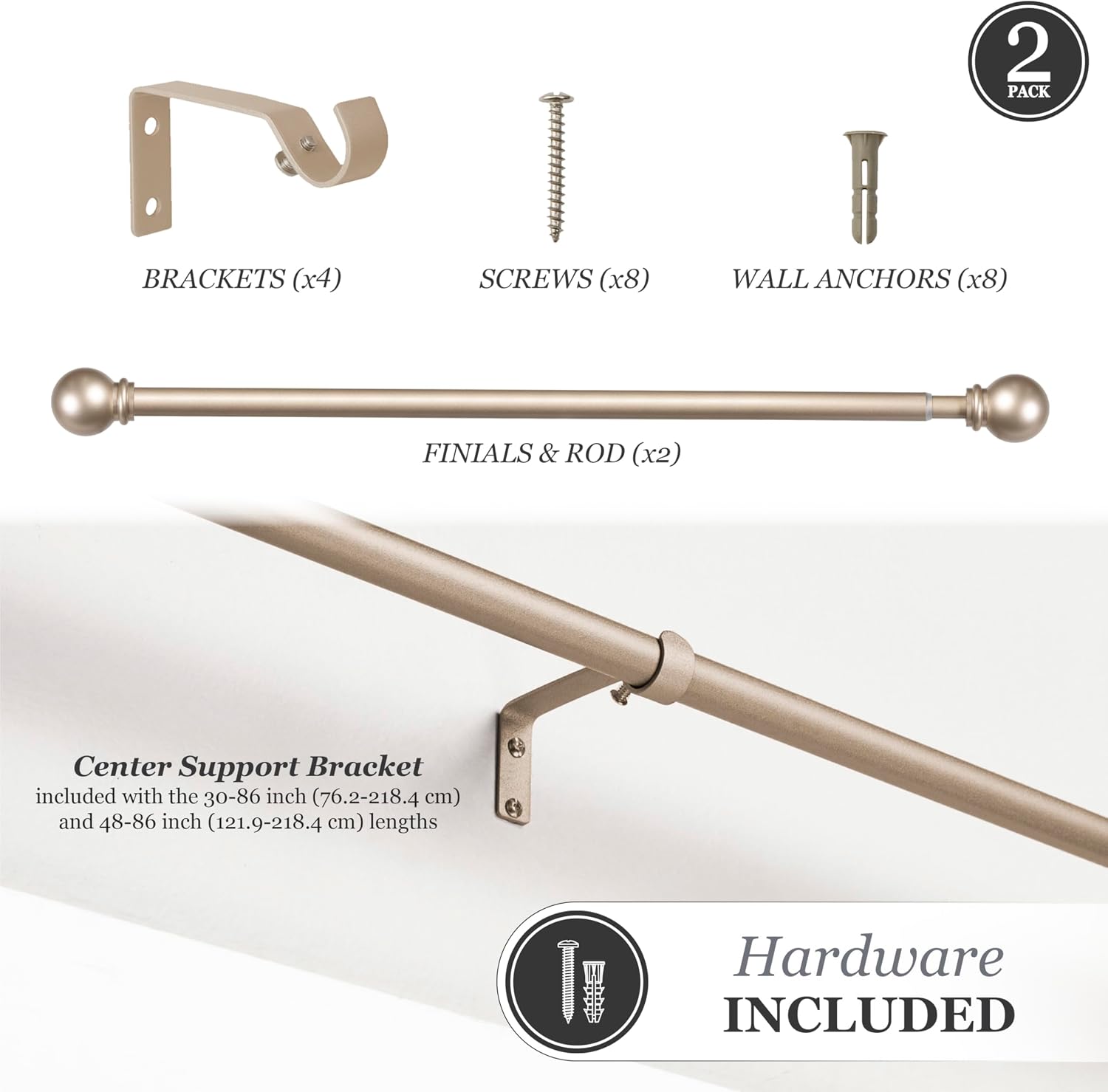 Kenney Chelsea Ball End Window Curtain Rod, Adjustable Curtain Rod for Windows 48 to 86 Inches, Extendable Curtain Rod Set, Soft Brass Gold Curtain Rod, Curtain Rods 2 Pack