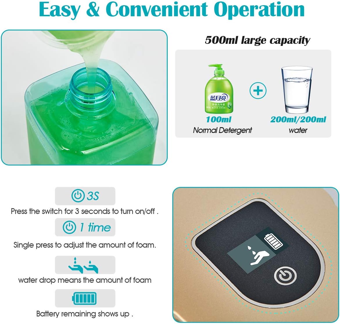 vplus Automatic Soap Dispenser Automatic Foaming Touchless Soap dispensers 500ML, ABS Infrared Soap Dispenser Wall Mount Adjustable Suitable for Bathroom Kitchen Restaurant (Gold)