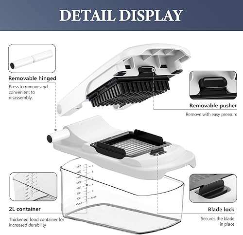 Miniatura 4 de Ourokhome Cortador de verduras con recipiente, cortador manual de cebolla con 2 cuchillas de cortar para tiras de papa, cubos de verduras, palitos