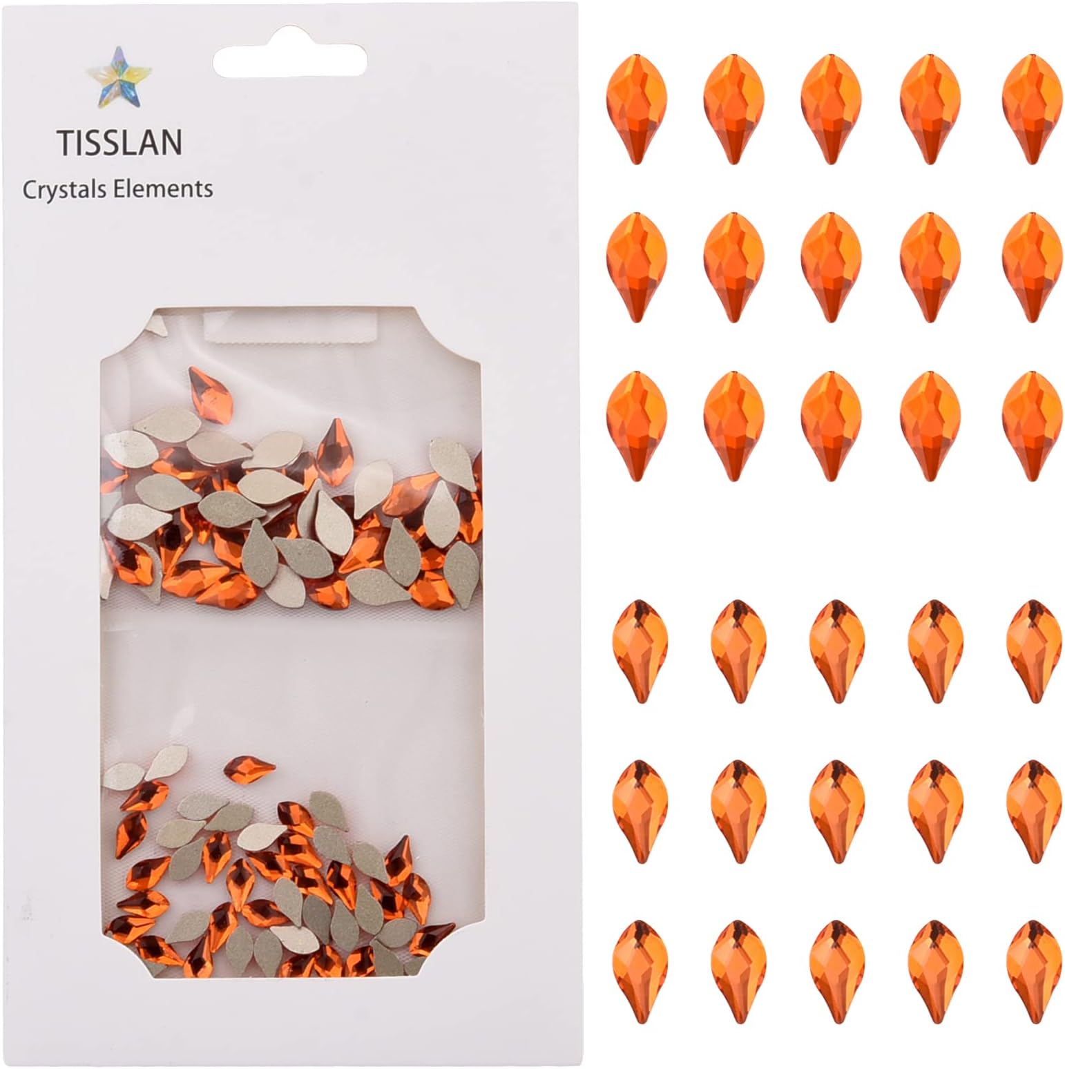 Tisslan 100pcs Flame Shape Nail Art Design 2 Size Orange Flatback Glass Crystal Rhinestones for Nail Decoration Designer Tech Supplies