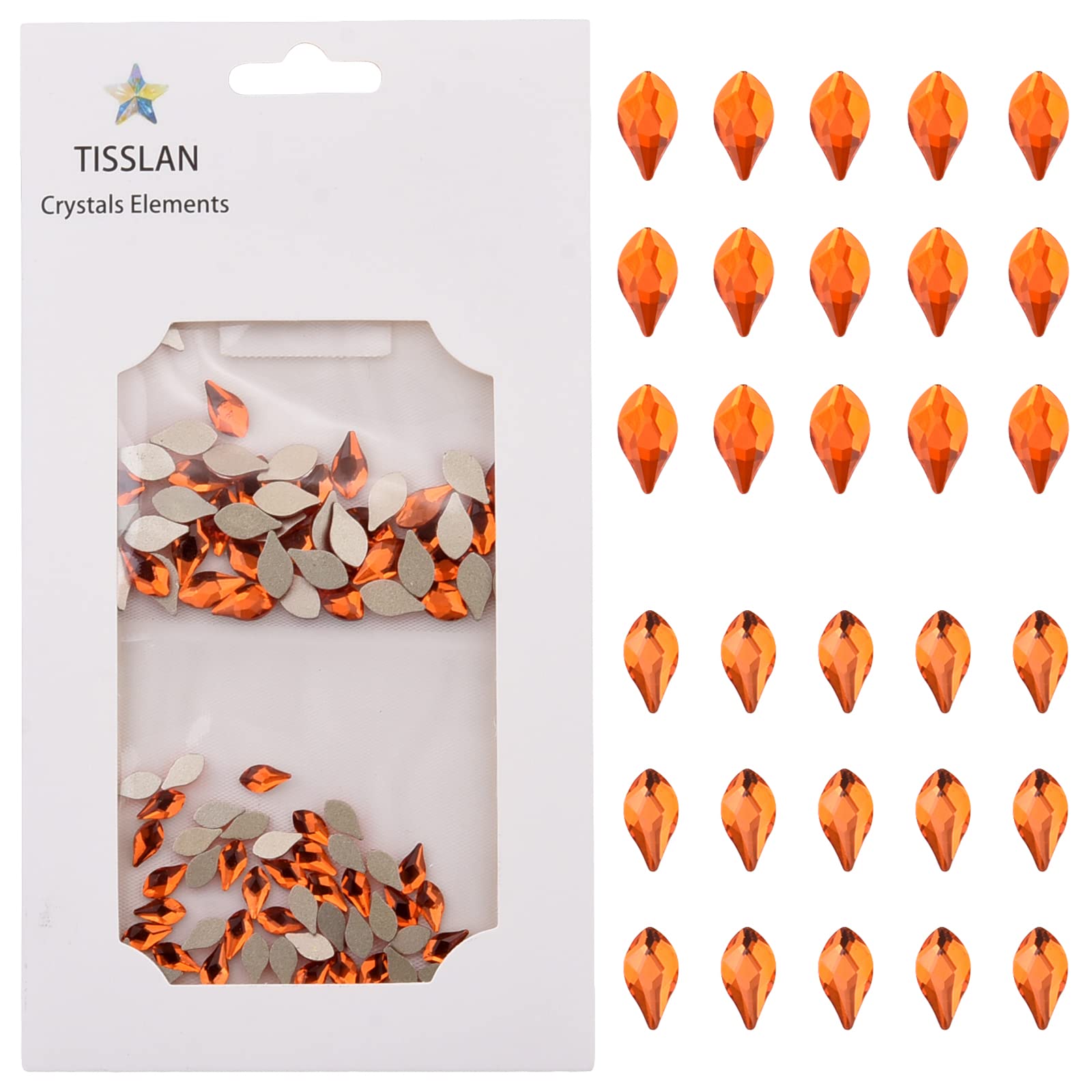Tisslan 100pcs Flame Shape Nail Art Design 2 Size Orange Flatback Glass Crystal Rhinestones for Nail Decoration Designer Tech Supplies