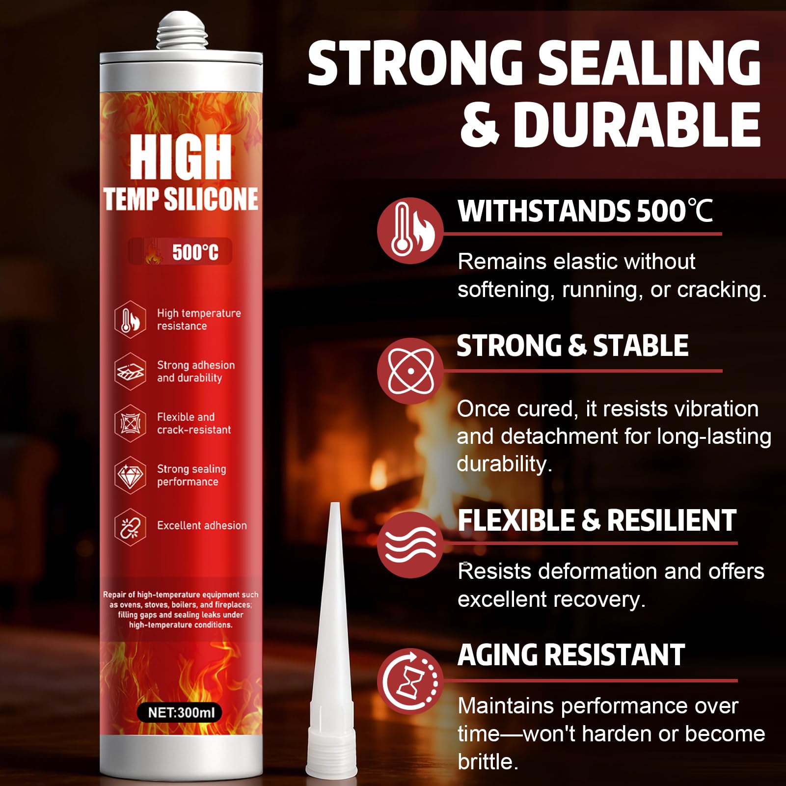 ALLONY Silicone Alte Temperature, 300ML Silicone Nero Alte Temperature, Cemento Refrattario, Sigillante Refrattario per Riparare Caminetti Stufe Forni Vetro Piani Cottura, Silicone Alta Temperatura