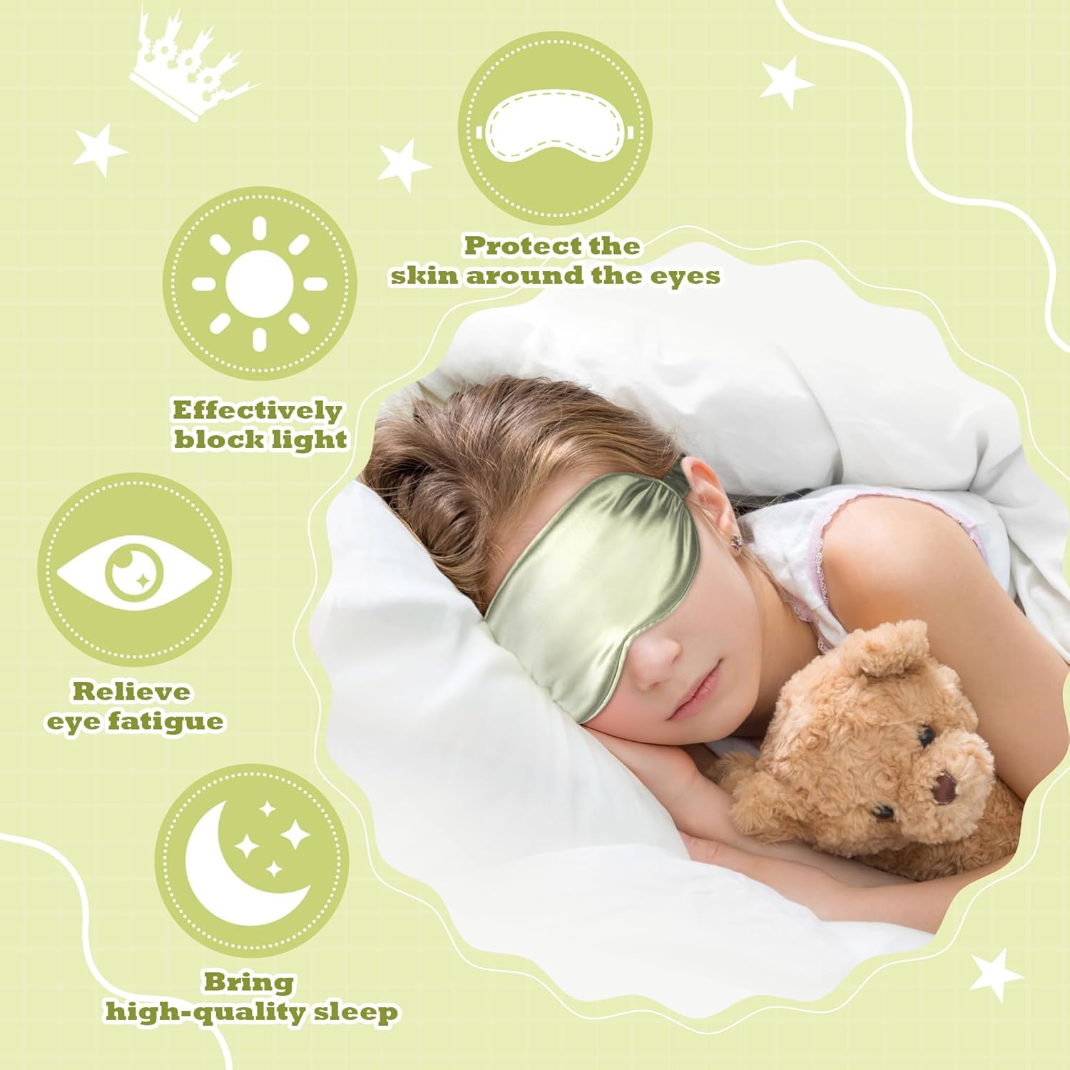 SilkDream 100% Mulberry Silk Sleep Mask for Kids Eye Mask for Sleeping 22 Momme 6A Real Silk 4t-12Y Gifts for Kids Green