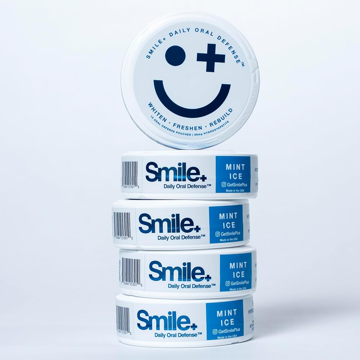 Smile+ Defense Pouches - Teeth Whitening, 55mg Nano Hydroxyapatite, Caffeine Free, Nicotine Free, Sugar Free, Enamel Repair & Remineralizing - Whiten, Freshen & Rebuild - Mint Ice, 15 Pouches (5 Tins)